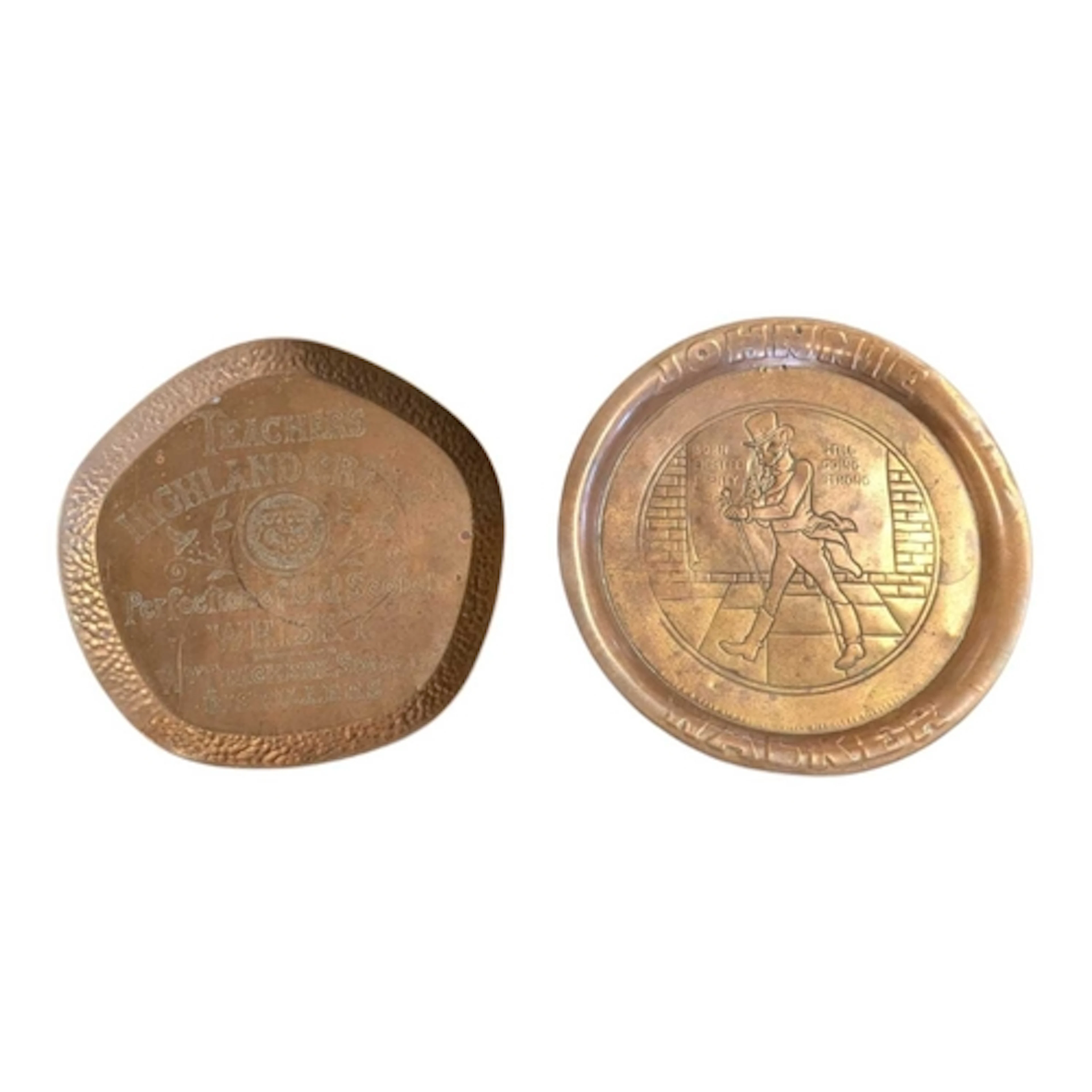 Two vintage 20th century copper whisky advertisement trays. ...
