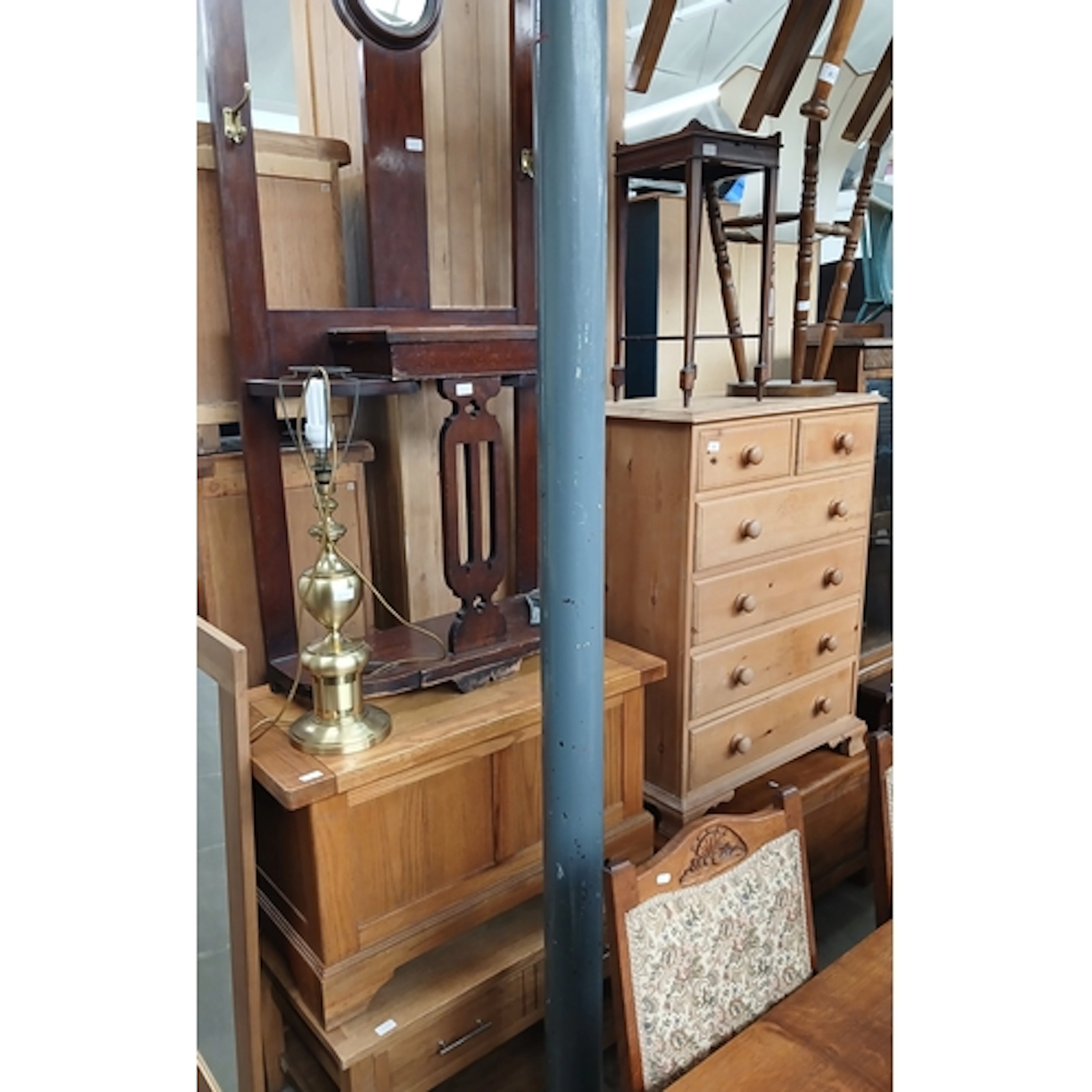 Ten items comprising pine chest of drawers, night stand, gla...
