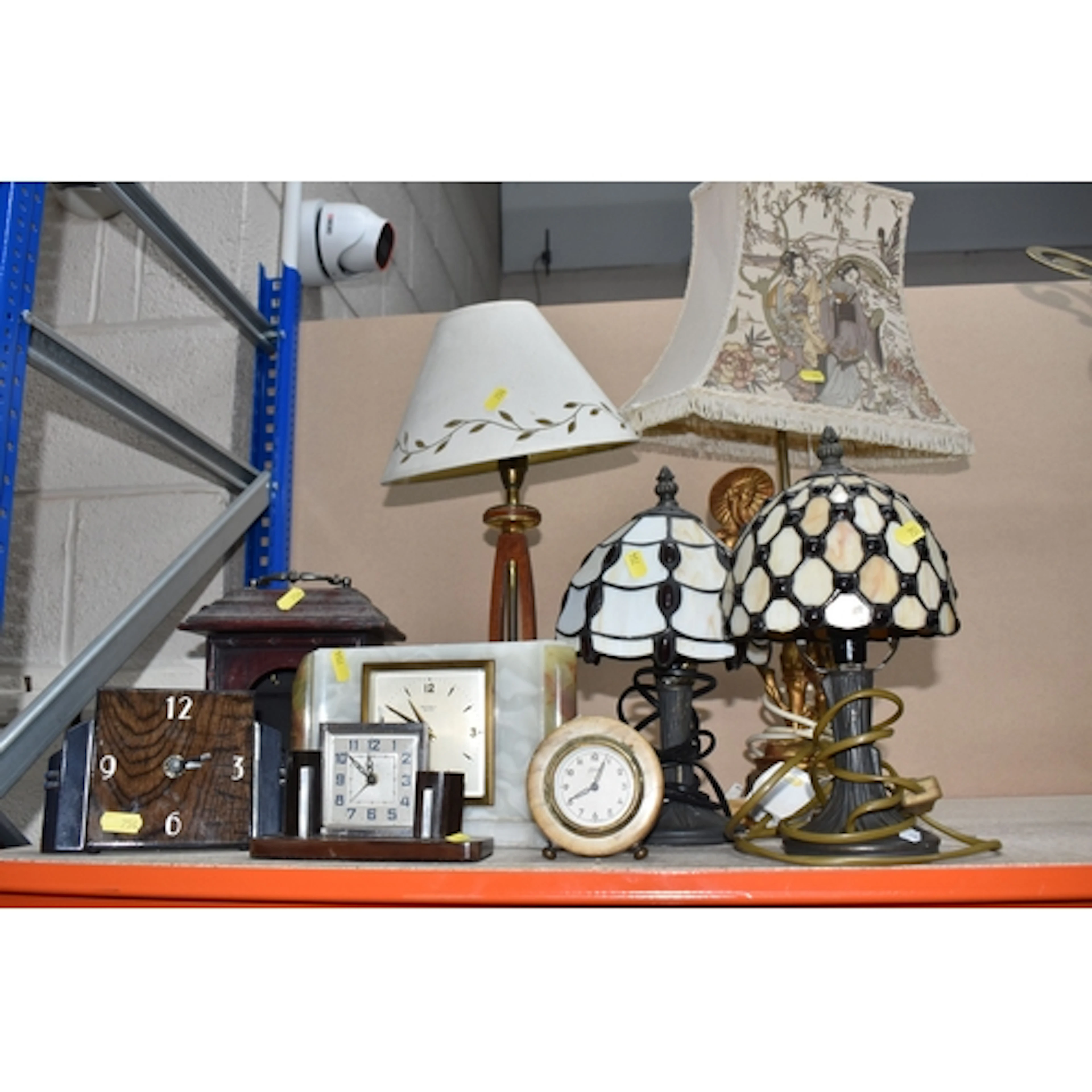 A GROUP OF ASSORTED LAMPS AND CLOCKS to include two tiffany ...