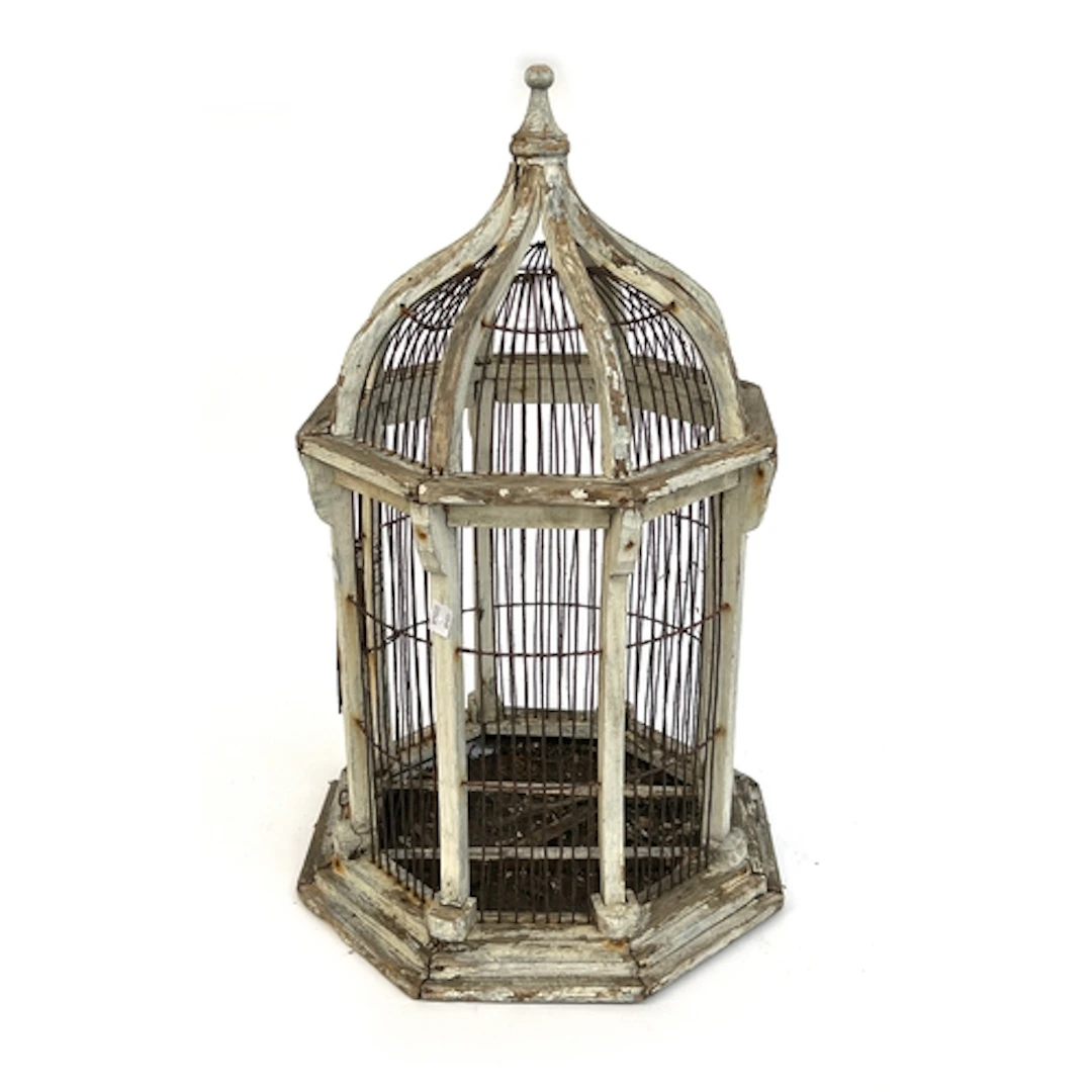 An octagonal white painted birdcage, 64cmH