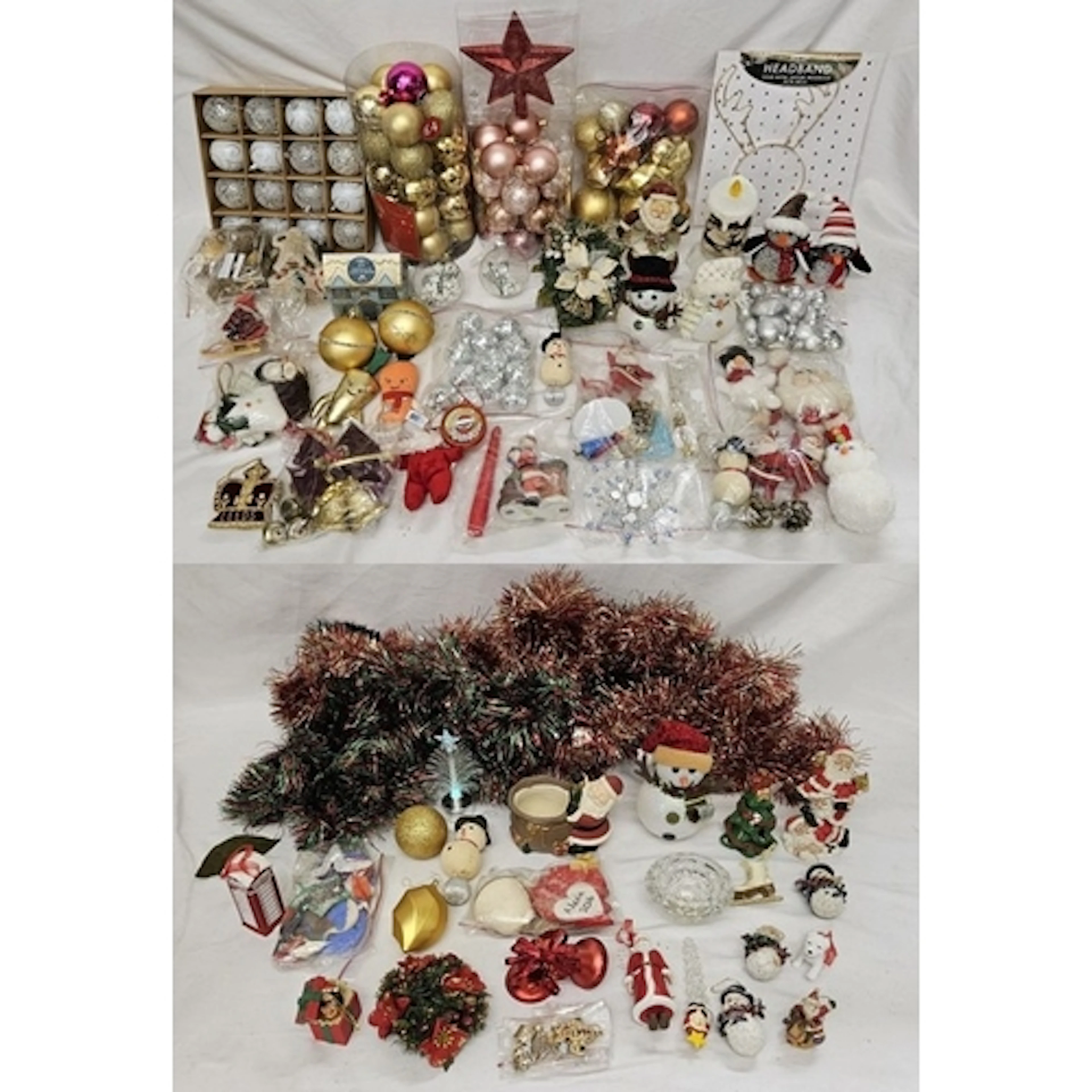 Christmas Decorations incl. tinsel, boxed baubles, Santa, gl...