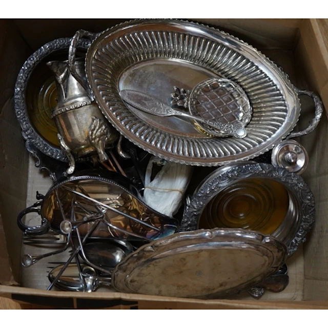 A mixed collection of silver-plated wares, including trays, ...