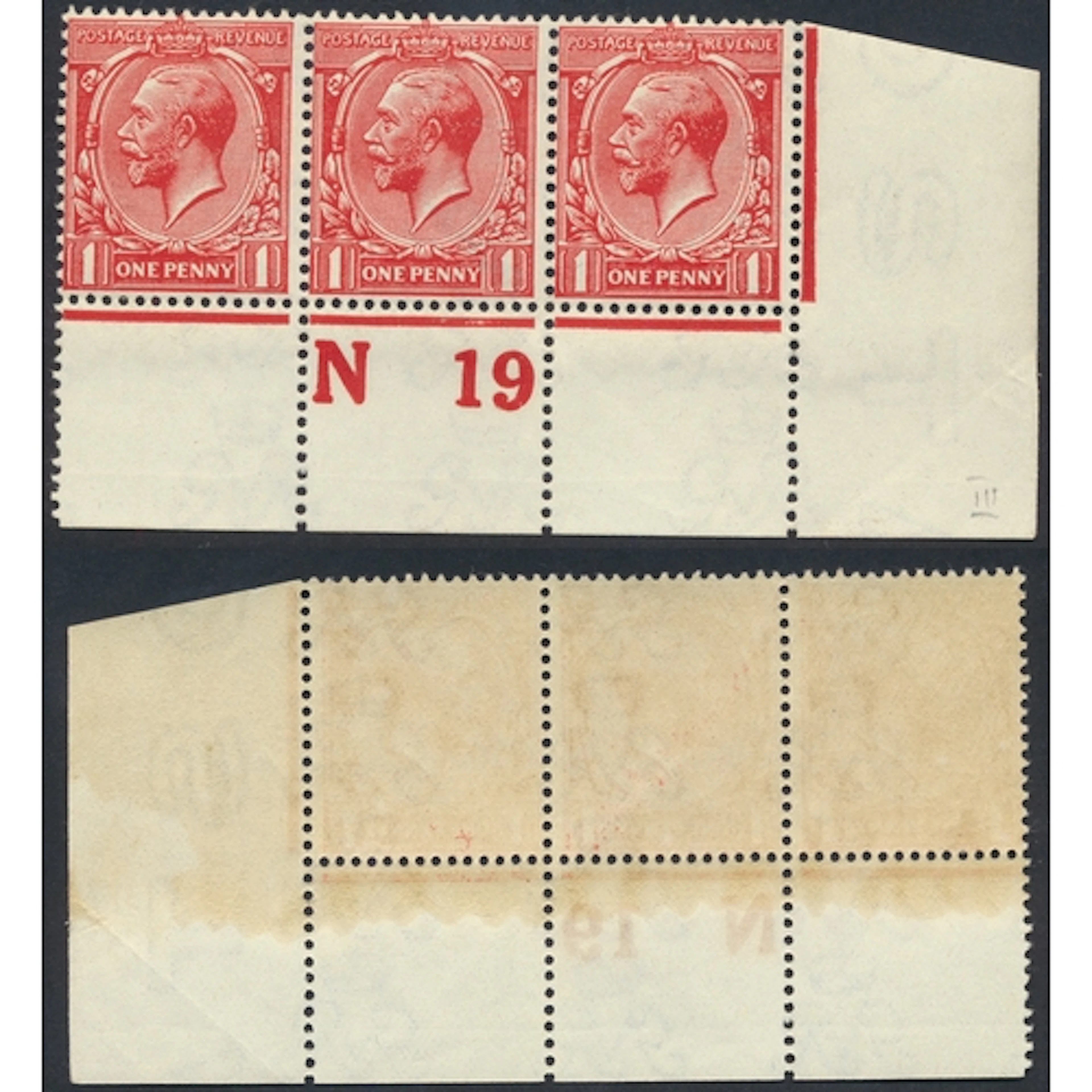 1912-24 1d deep brick red marginal control N19 strip of (3)...