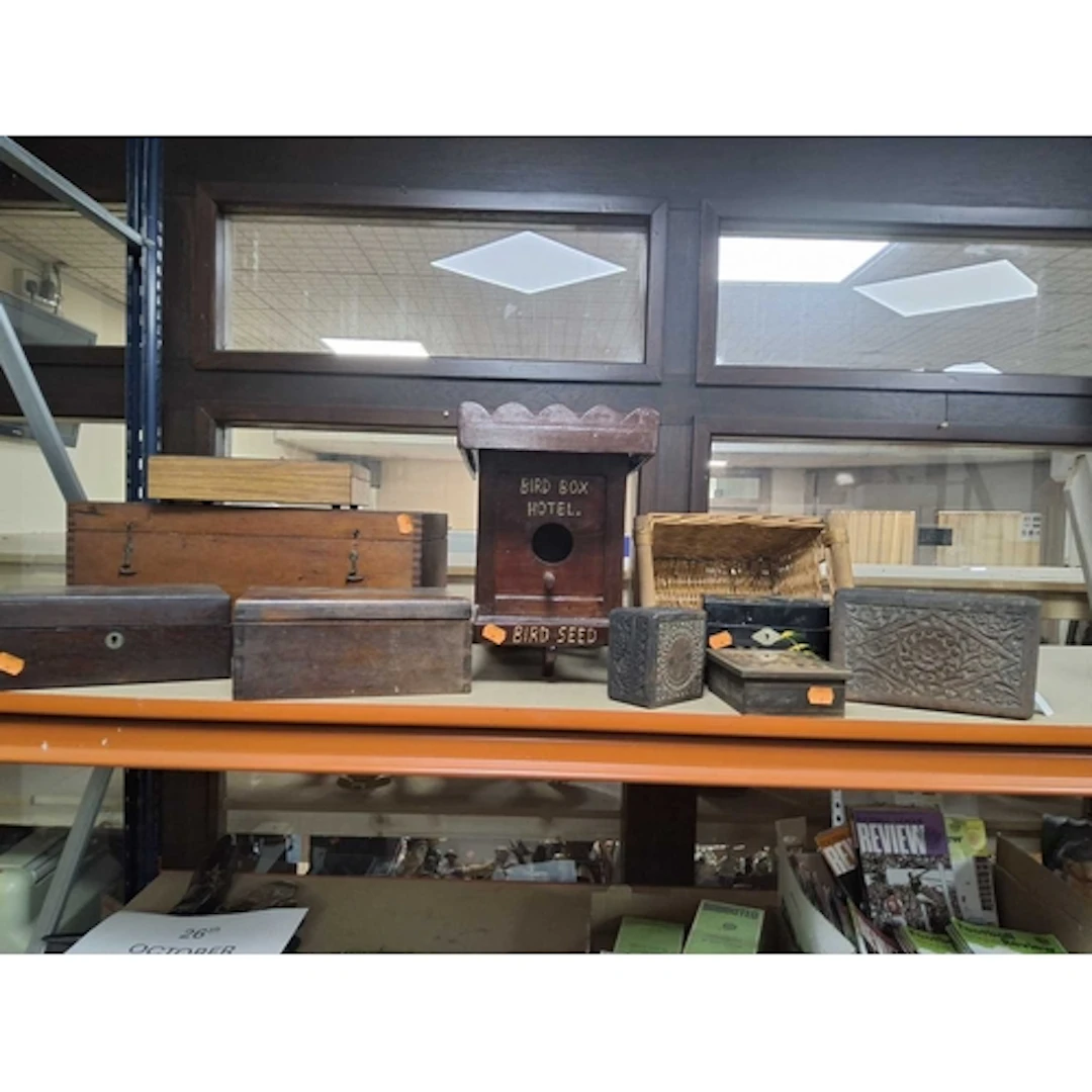 A GROUP OF VINTAGE WOODEN BOXES to include a large wall moun...