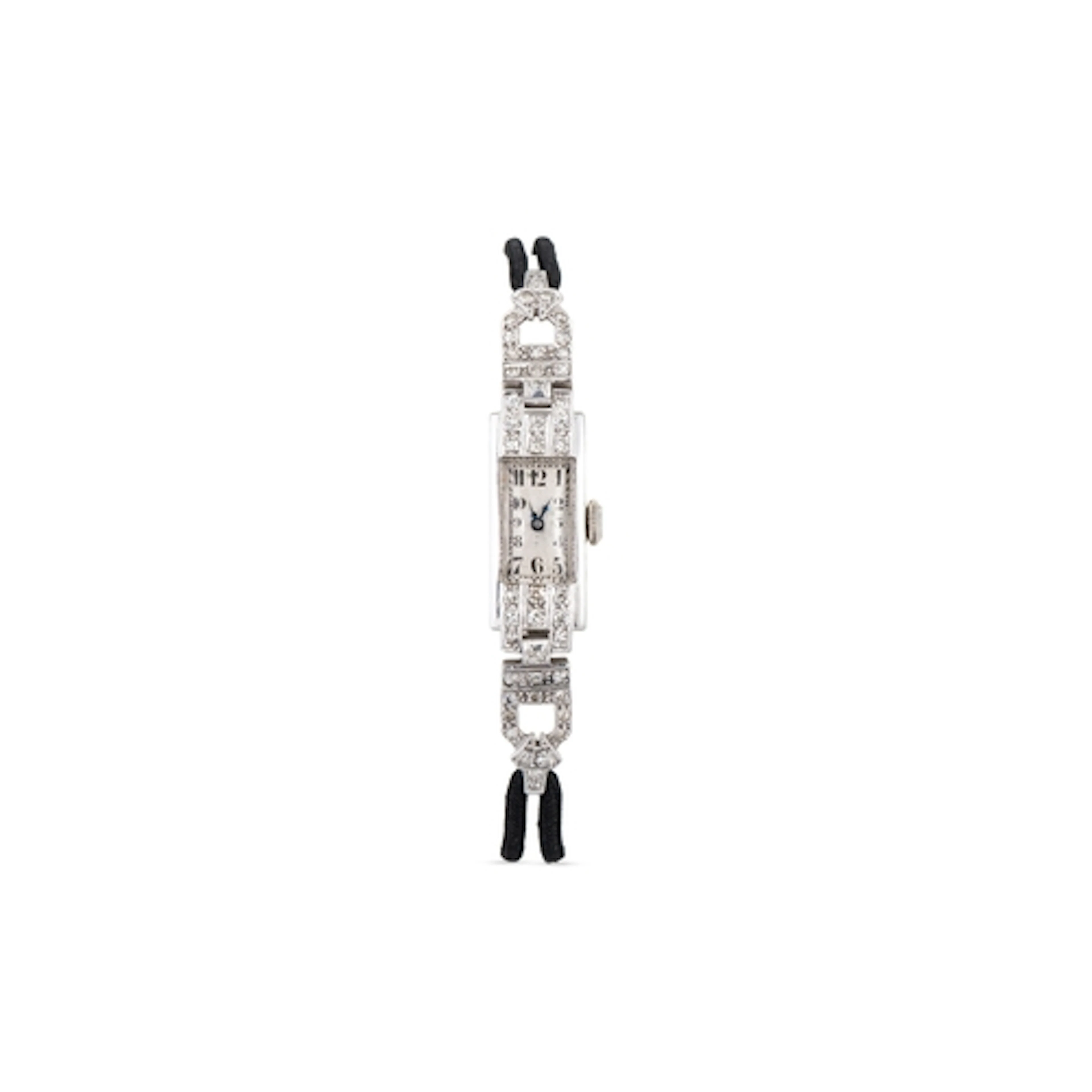 AN ART DECO DIAMOND COCKTAIL WATCH, platinum case, cord stra...