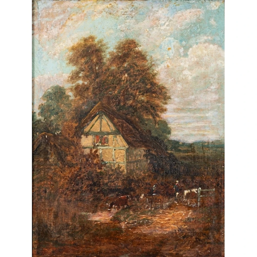 19th century British school - Figure driving cattle by a co...