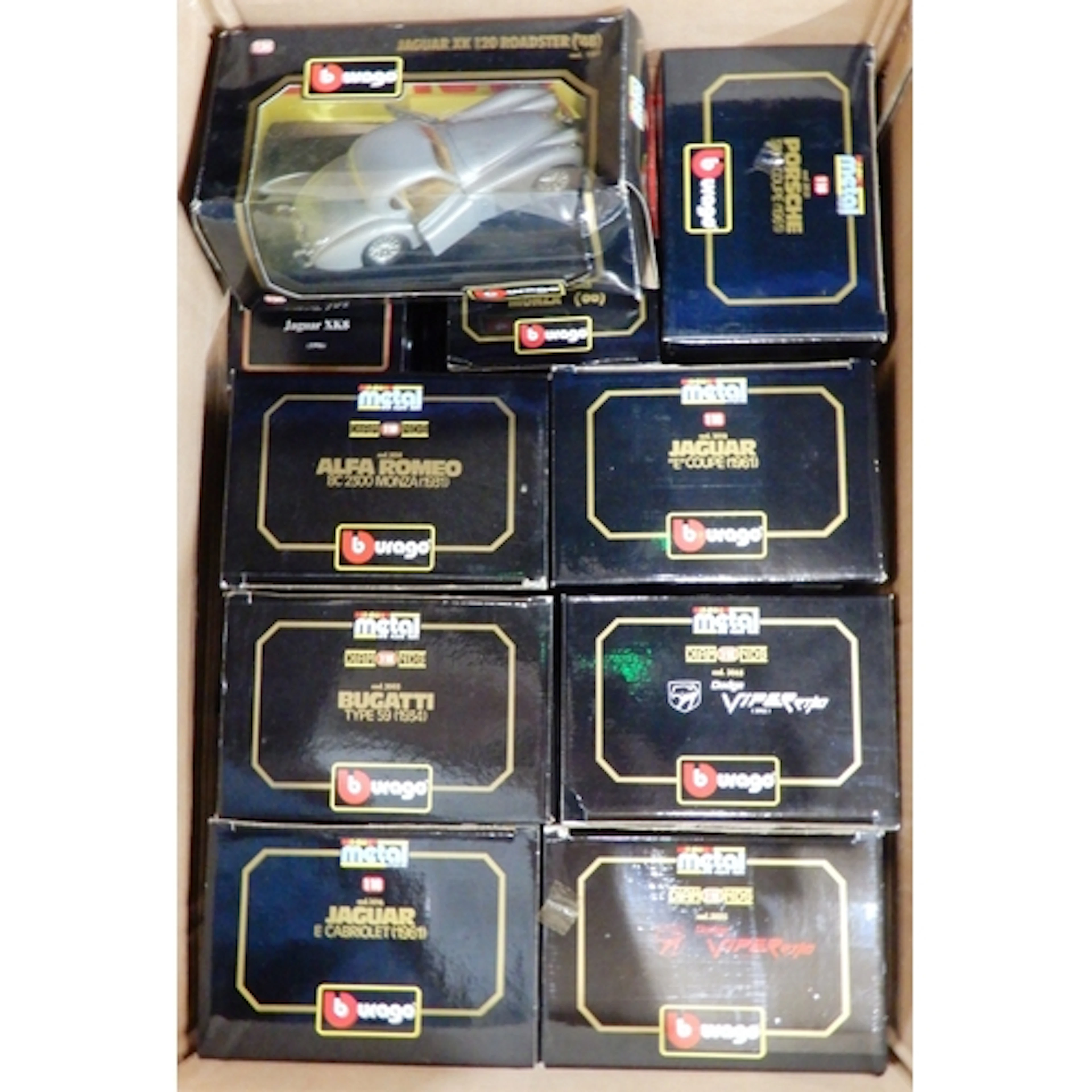 Twelve boxed Burago 1:18 and 1:24-scale diecast model cars, ...