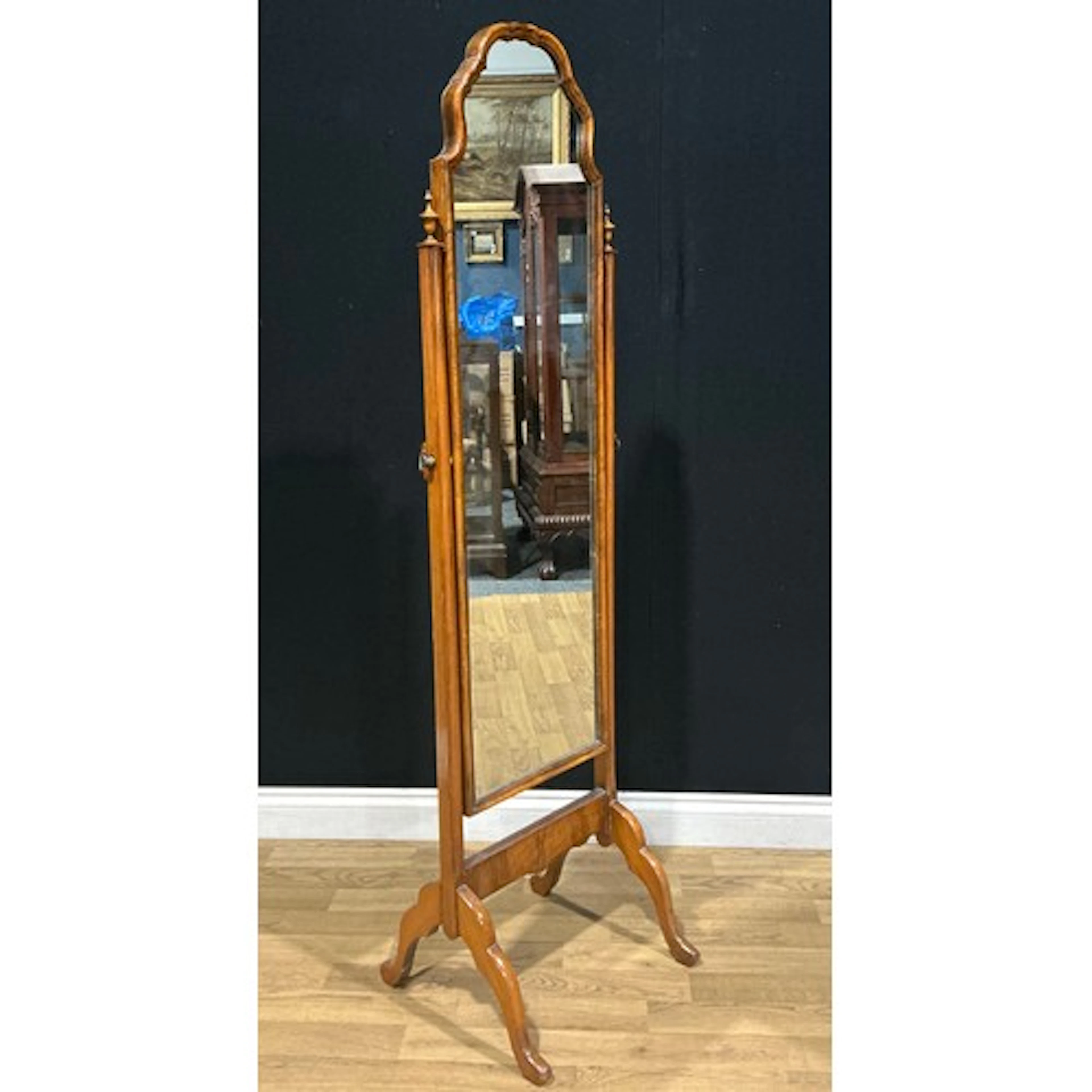 A Queen Anne style walnut cheval mirror, 162.5cm high