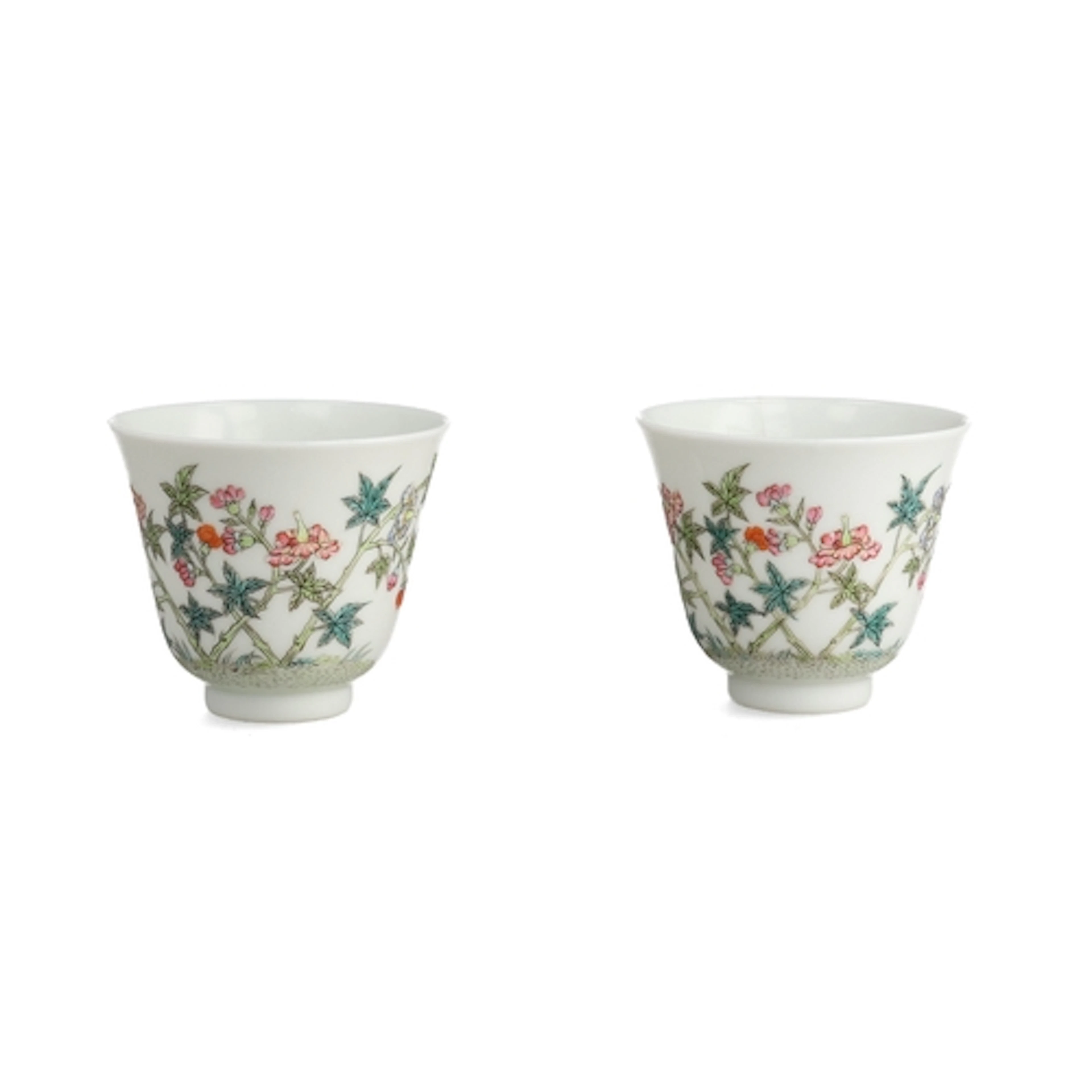 A PAIR OF FAMILLE ROSE 'FLOWER' WINE CUPS Six character mark...