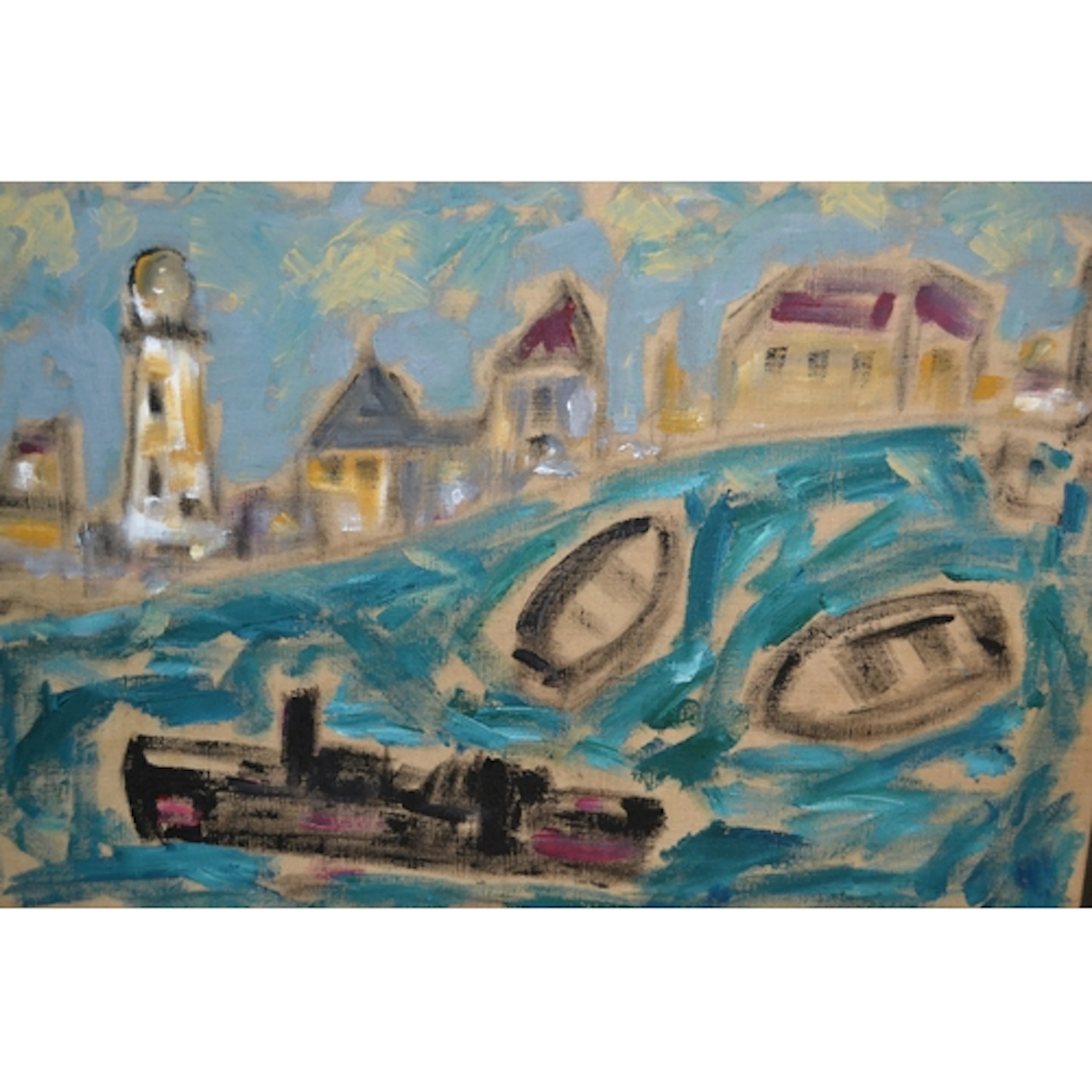 German Expressionist style oil on canvas, boats in a harbour...
