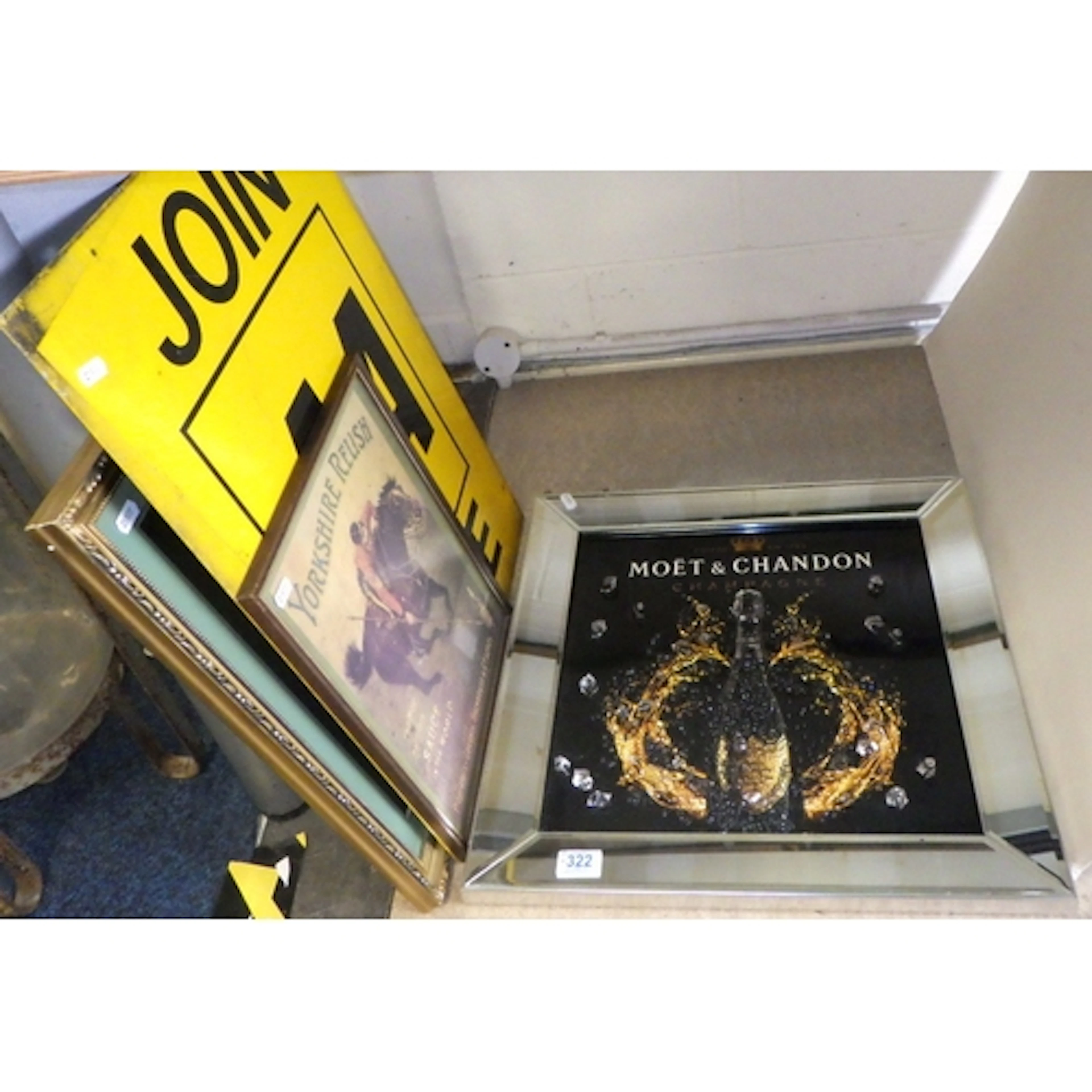 A Moët & Chandon mirrored framed wall hanging, AA tin sign, ...