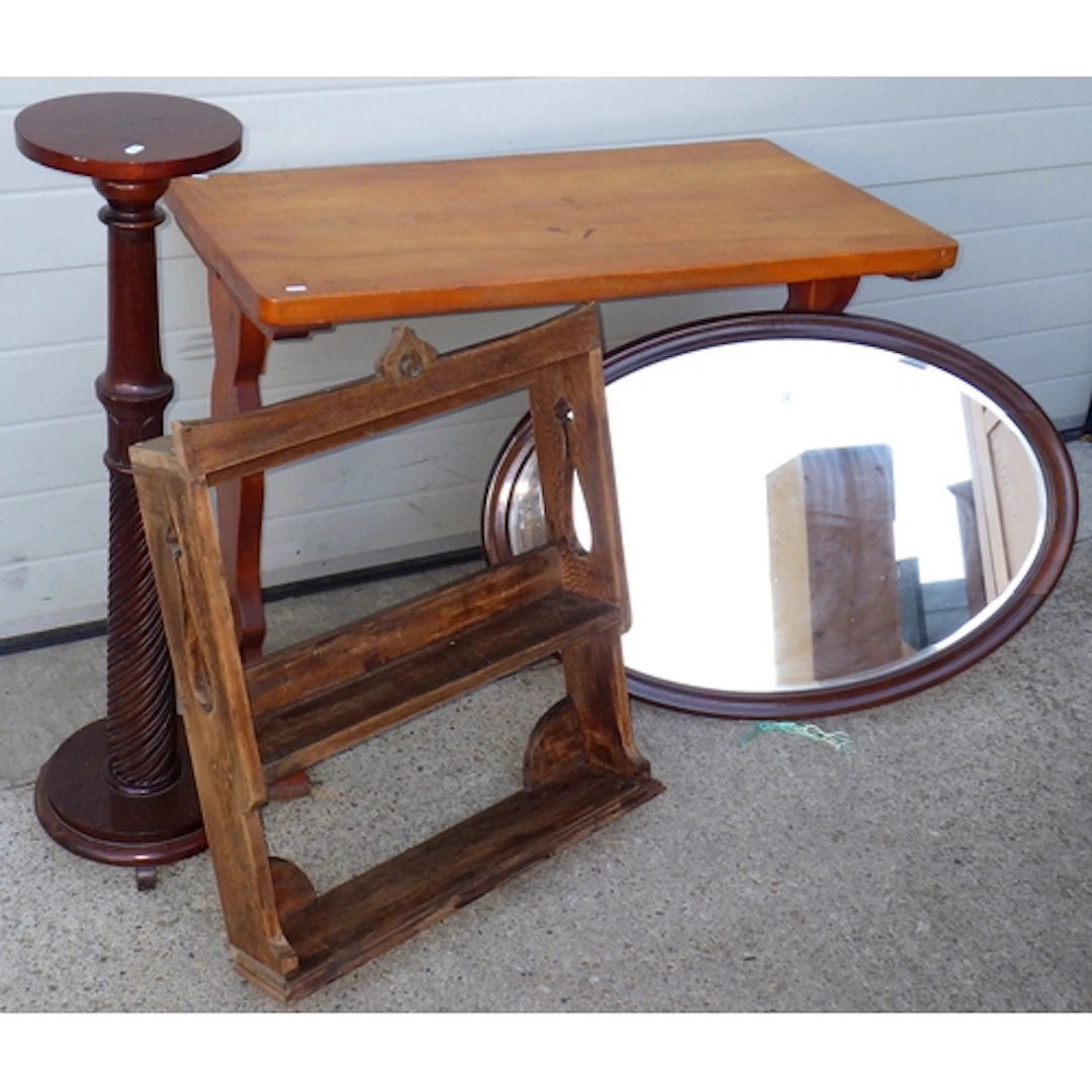 A plant stand, table, oval mirror and a wall rack (4)
