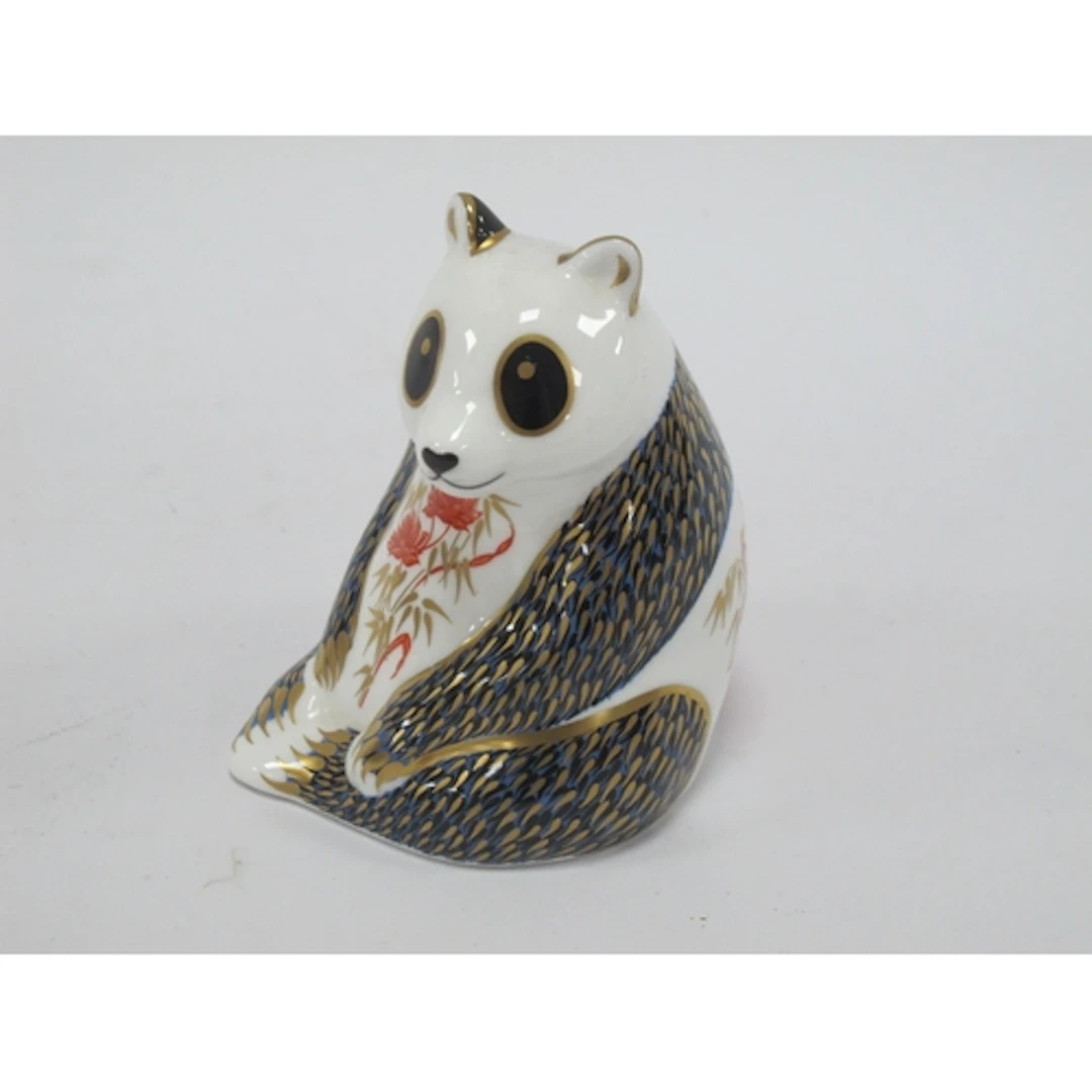 Royal Crown Derby porcelain panda paperweight, with gold sto...