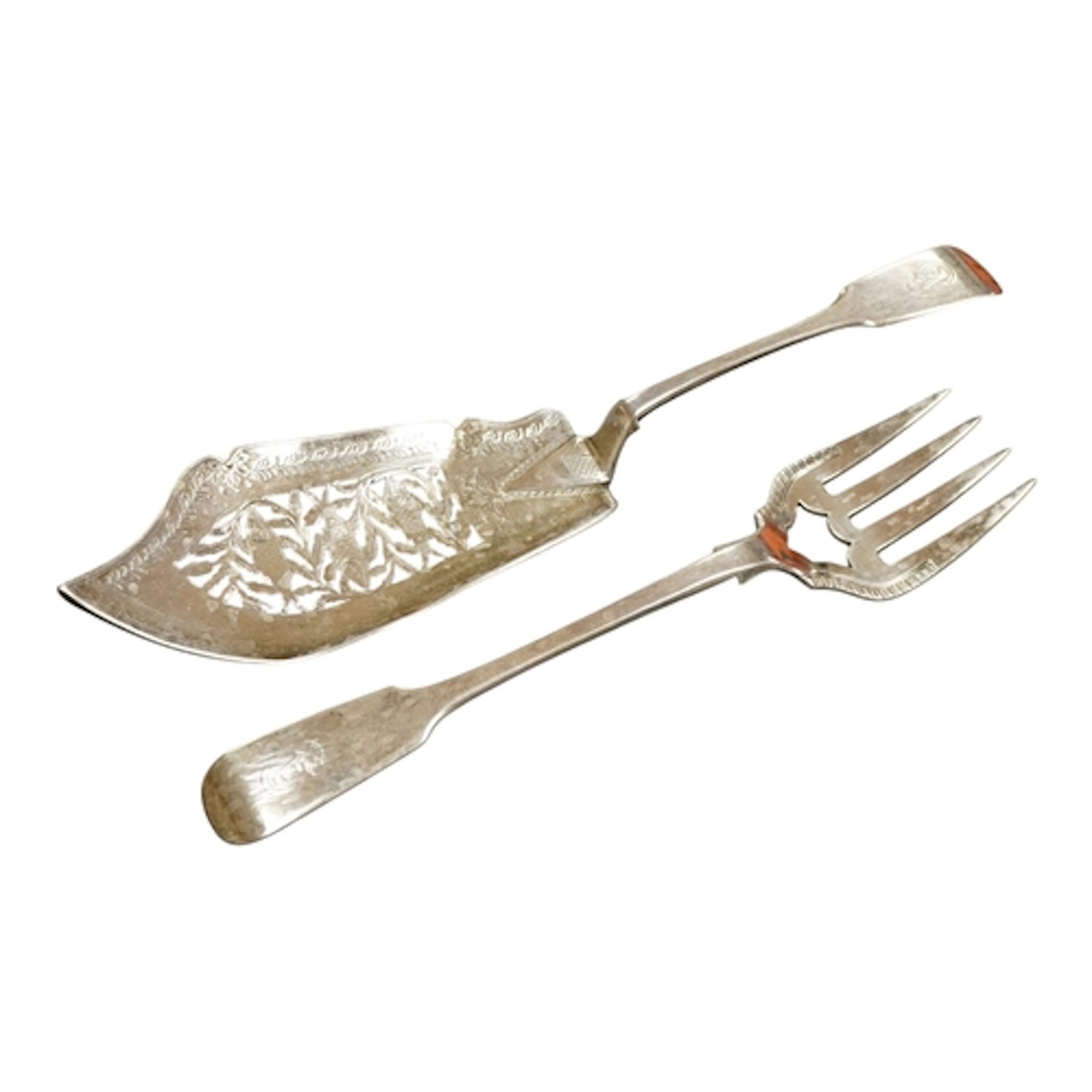 A matched pair of Victorian silver fiddle pattern fish serve...