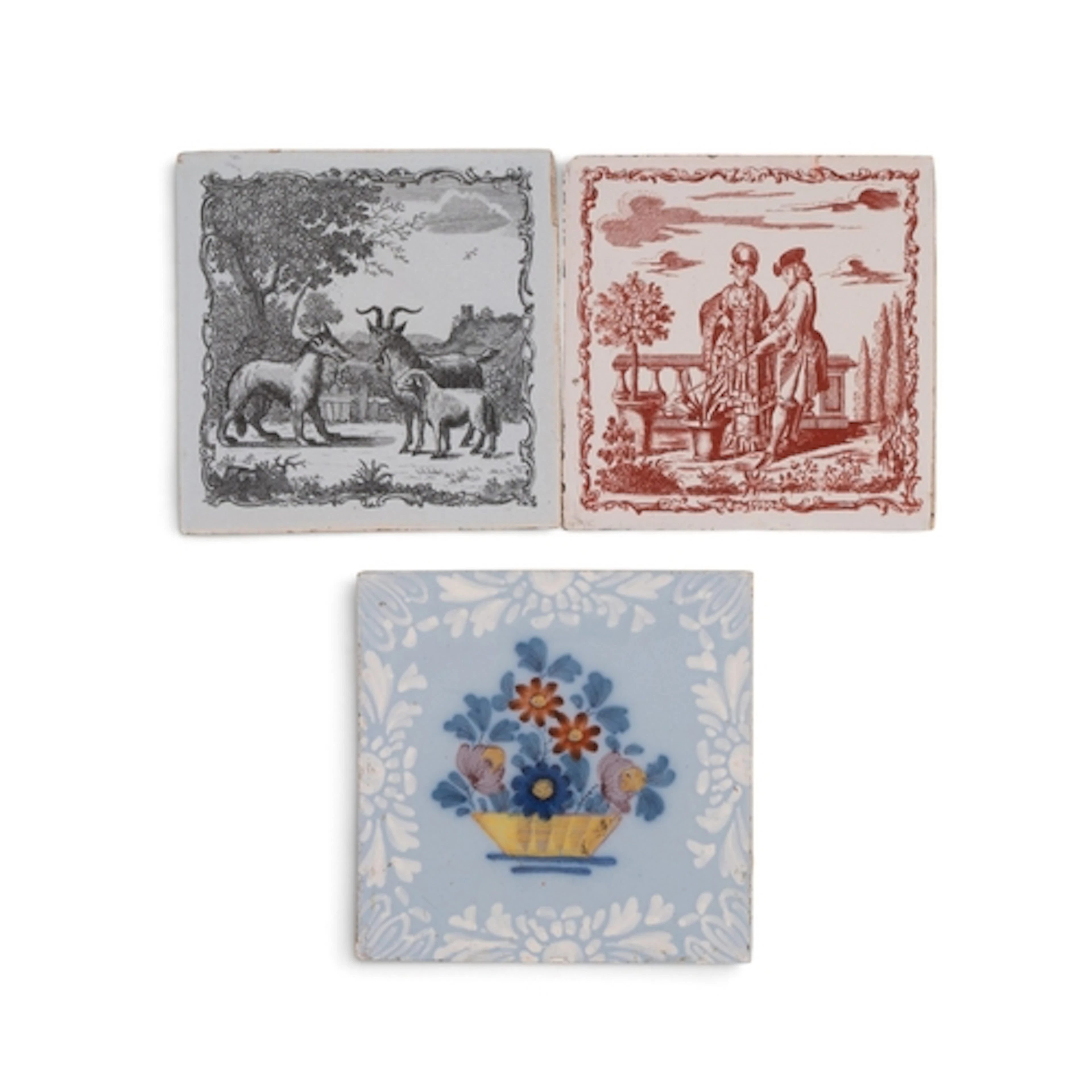 Three delftware tiles, c.1760-80, one Liverpool and printed ...