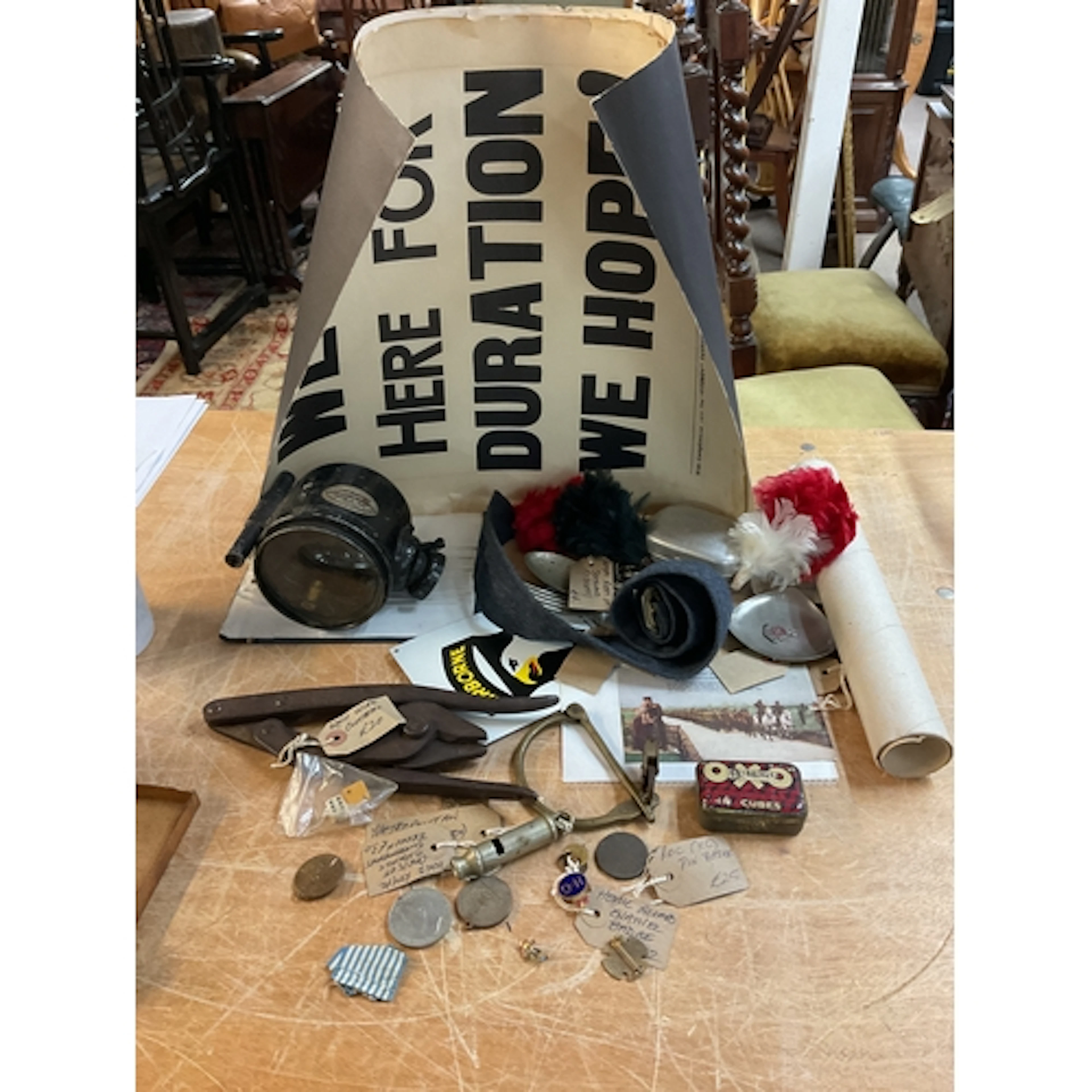 Qty military items medals, whistle WWII Wire cutters, lamp, ...