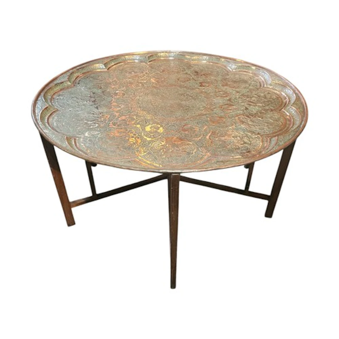 A RARE LARGE PERSIAN QUAJAR COPPER TABLE TOP AND STAND Heavy...