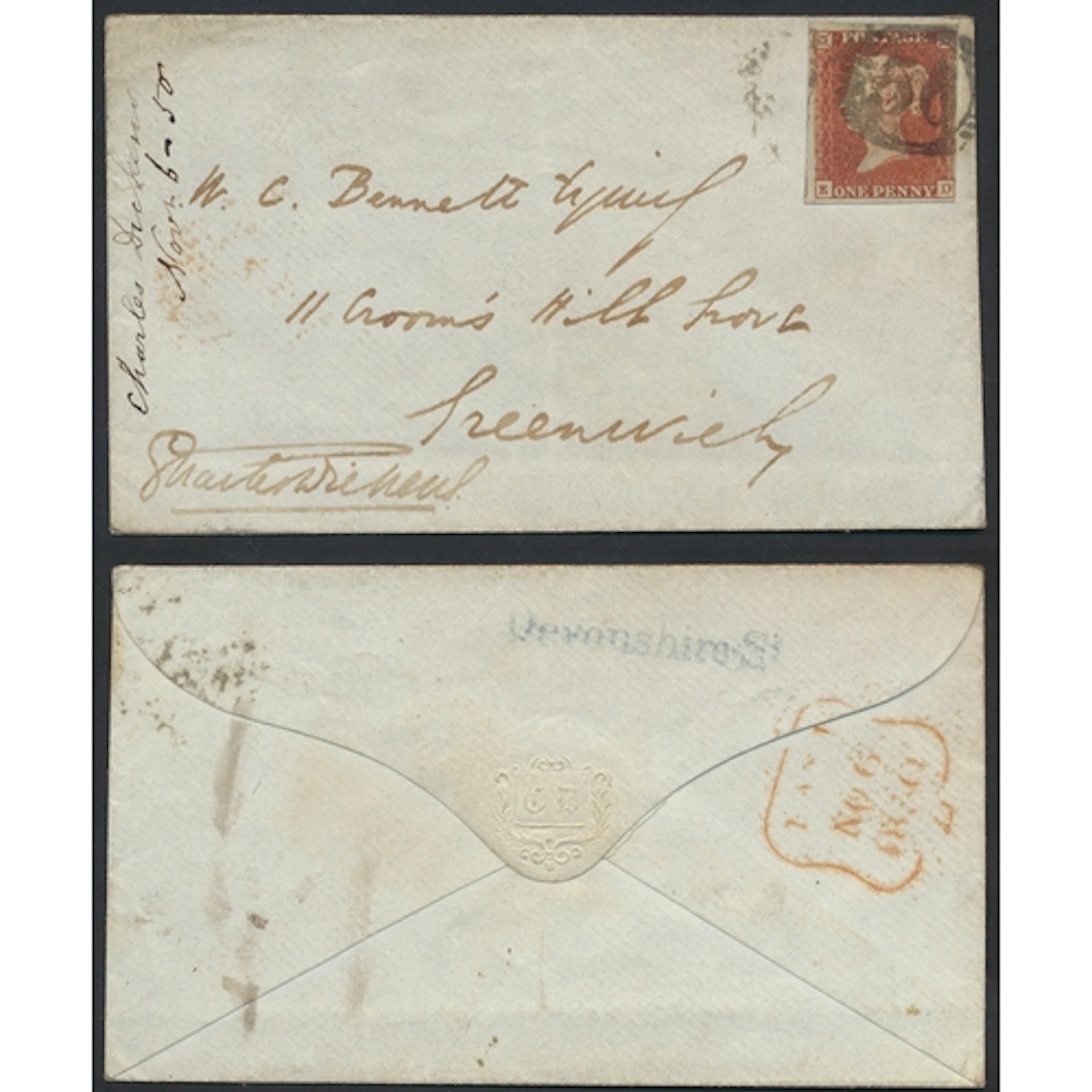 An envelope addressed to W.C. Bennett at 11 Crooms Hill Grov...