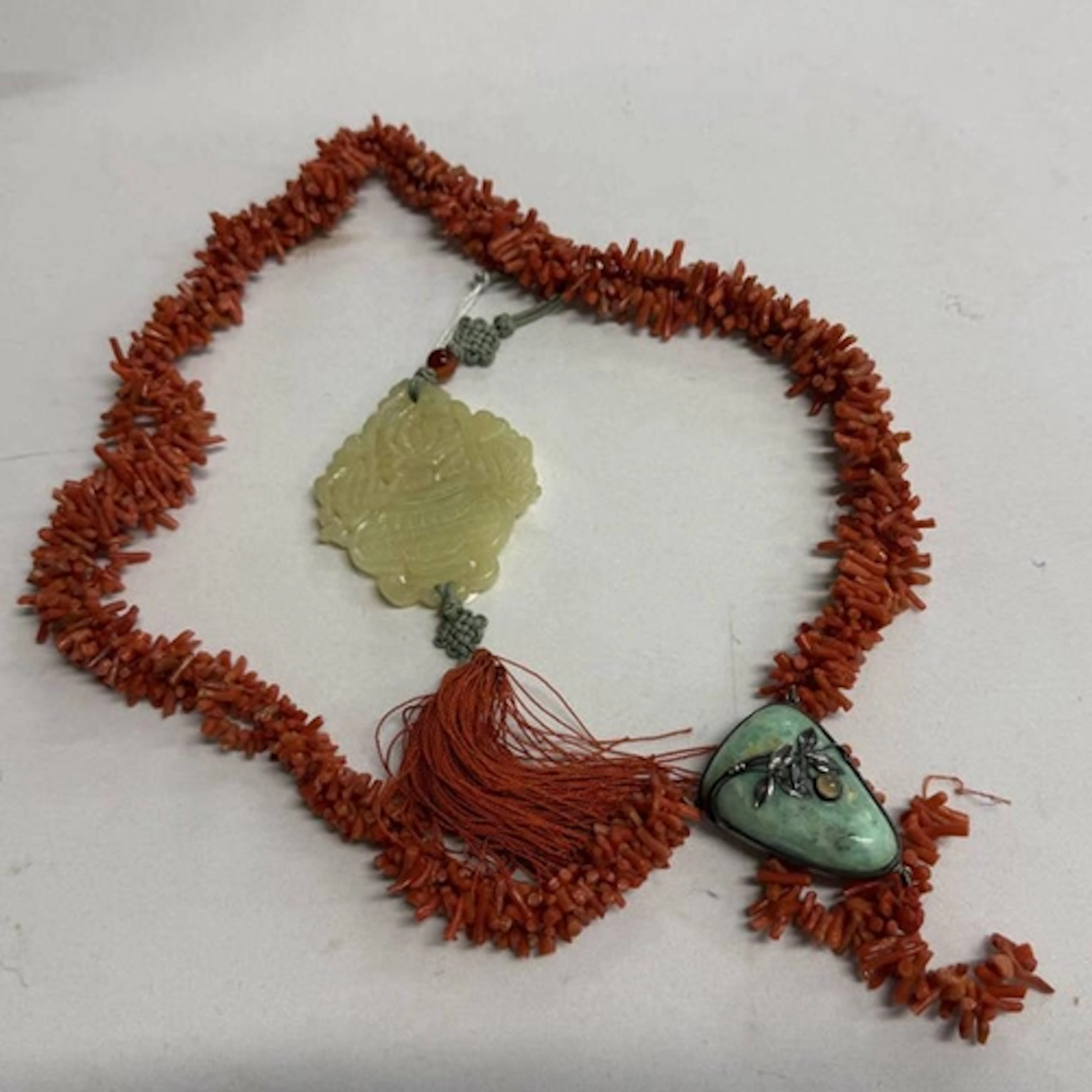 ARTS & CRAFTS STYLE CORAL & AMAZONITE PENDANT NECKLACE - 245...