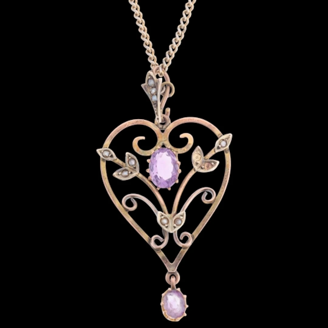 An Art Nouveau Edwardian 9ct rose gold amethyst and pearl pe...