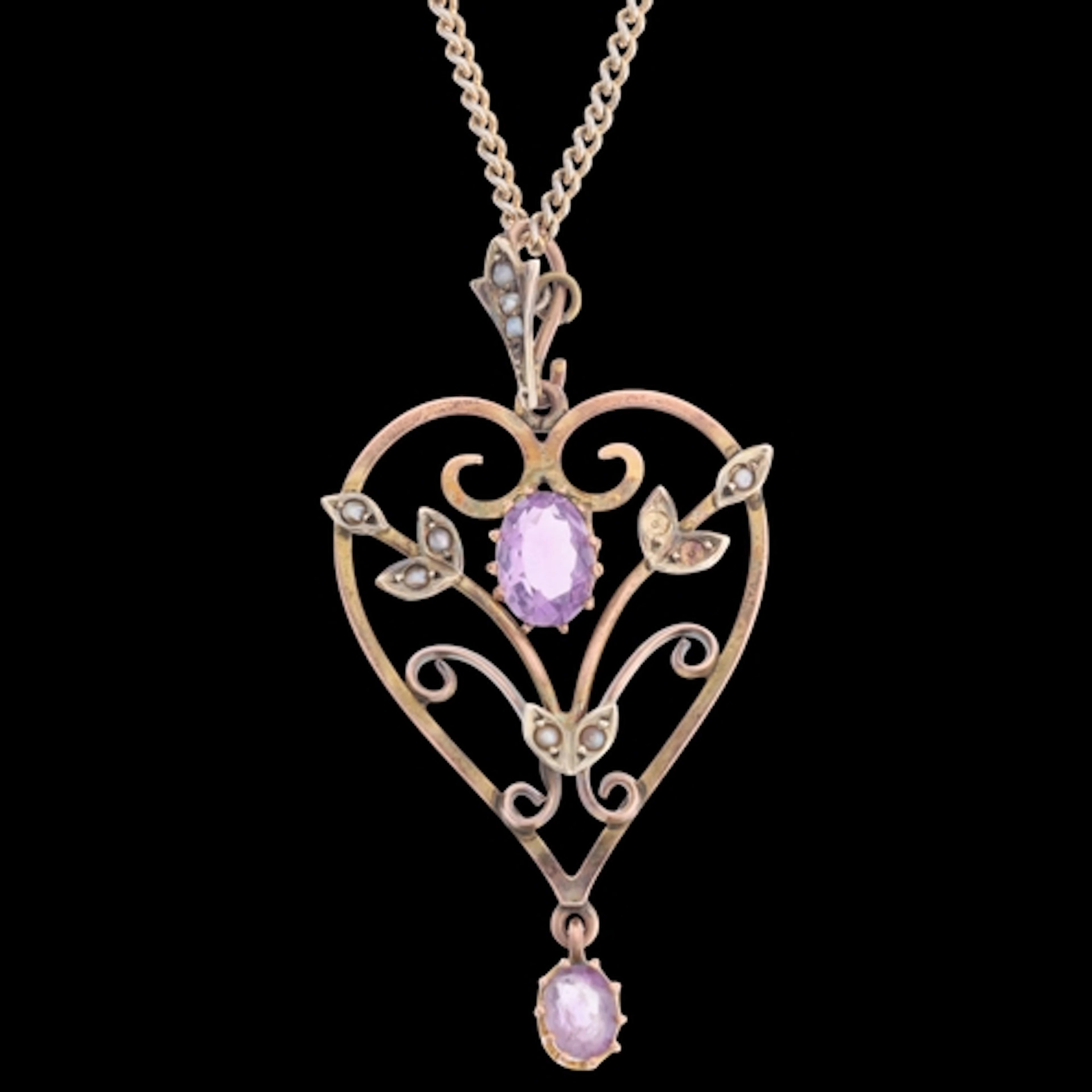 An Art Nouveau Edwardian 9ct rose gold amethyst and pearl pe...