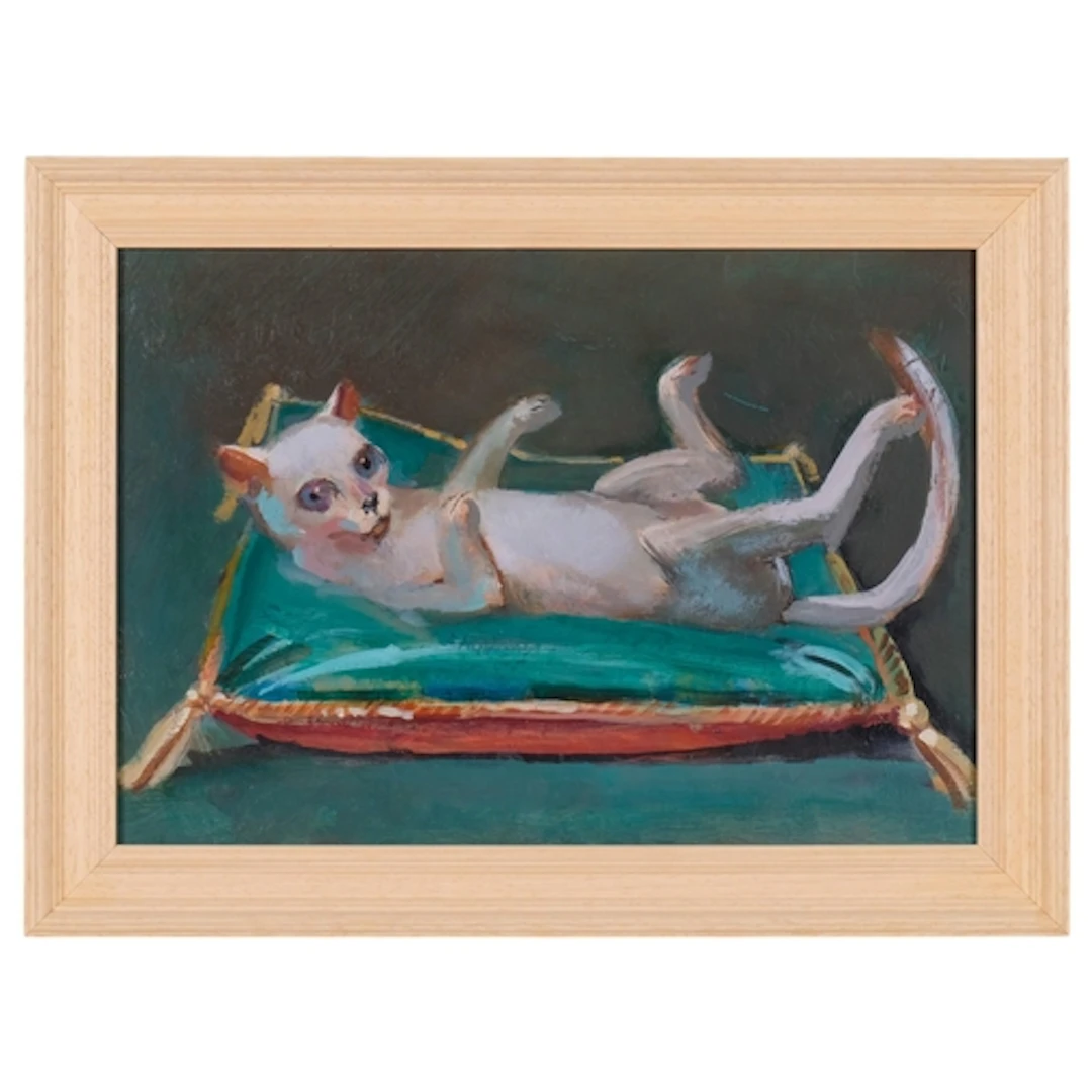 Julian Gordon Mitchell, cat on a cushion, oil on board, 20cm...