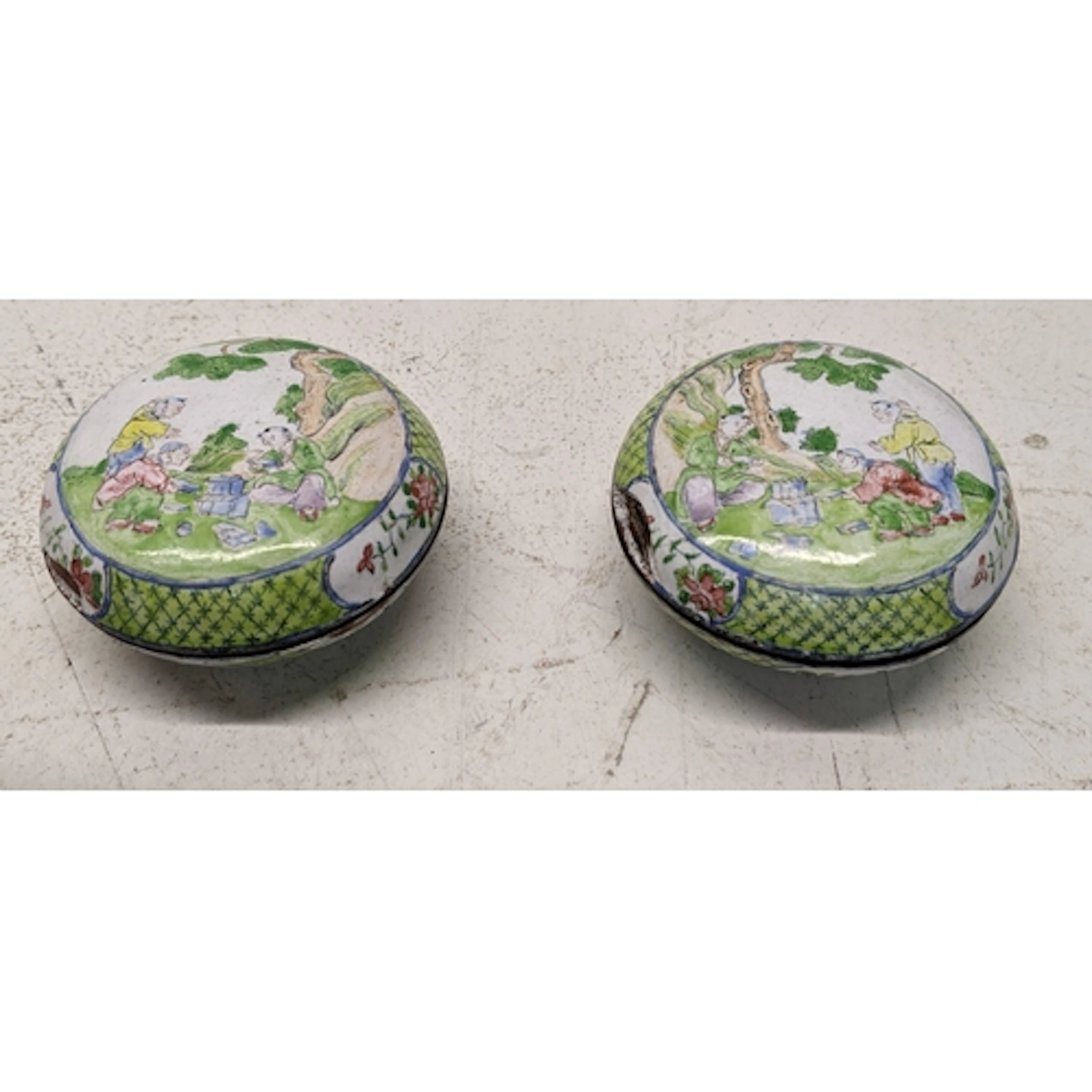 Two Chinese Canton enamel on metal seal paste boxes, Qianlon...