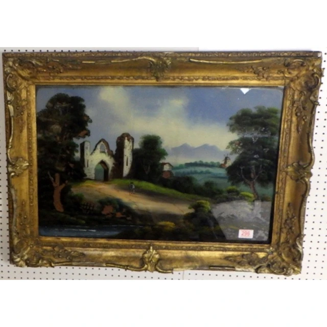 A gilt framed painting on glass of a ruin, 80 x 60cm