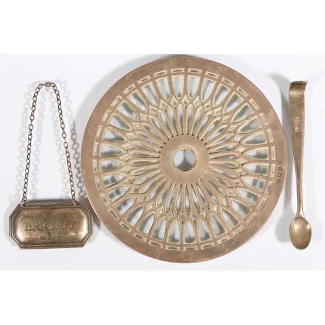 Silver clad glass coaster 12.5cm diameter, a silver Brandy d...