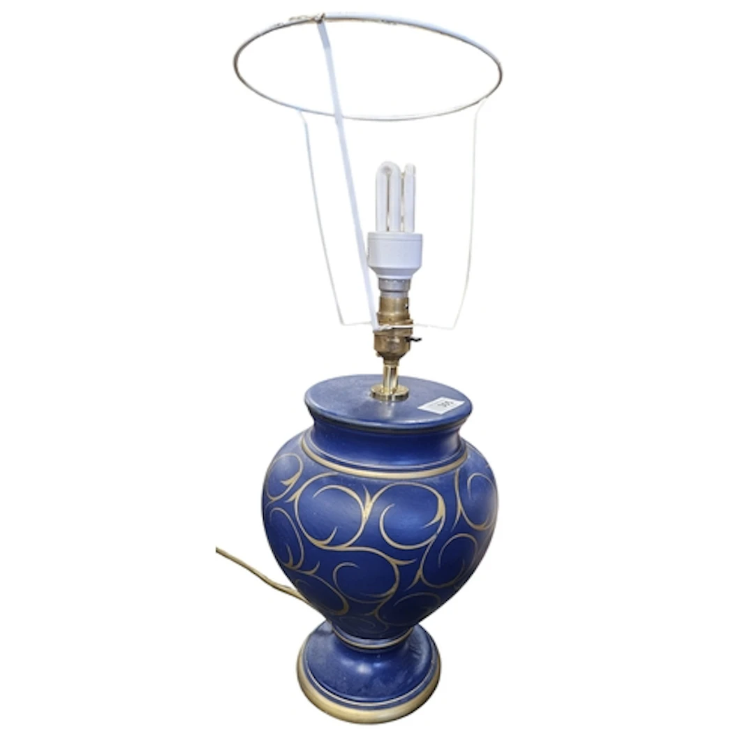 A bulbous Blue ground table Lamp. H 30 cm approx.