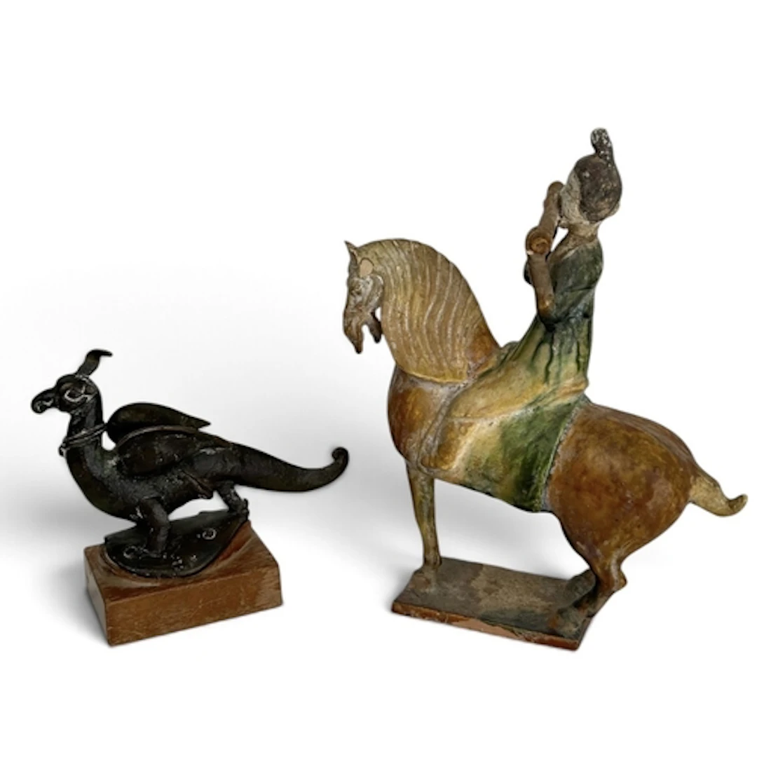 A CHINESE POTTERY FIGURE ON HORSEBACK Height 12cm Together w...