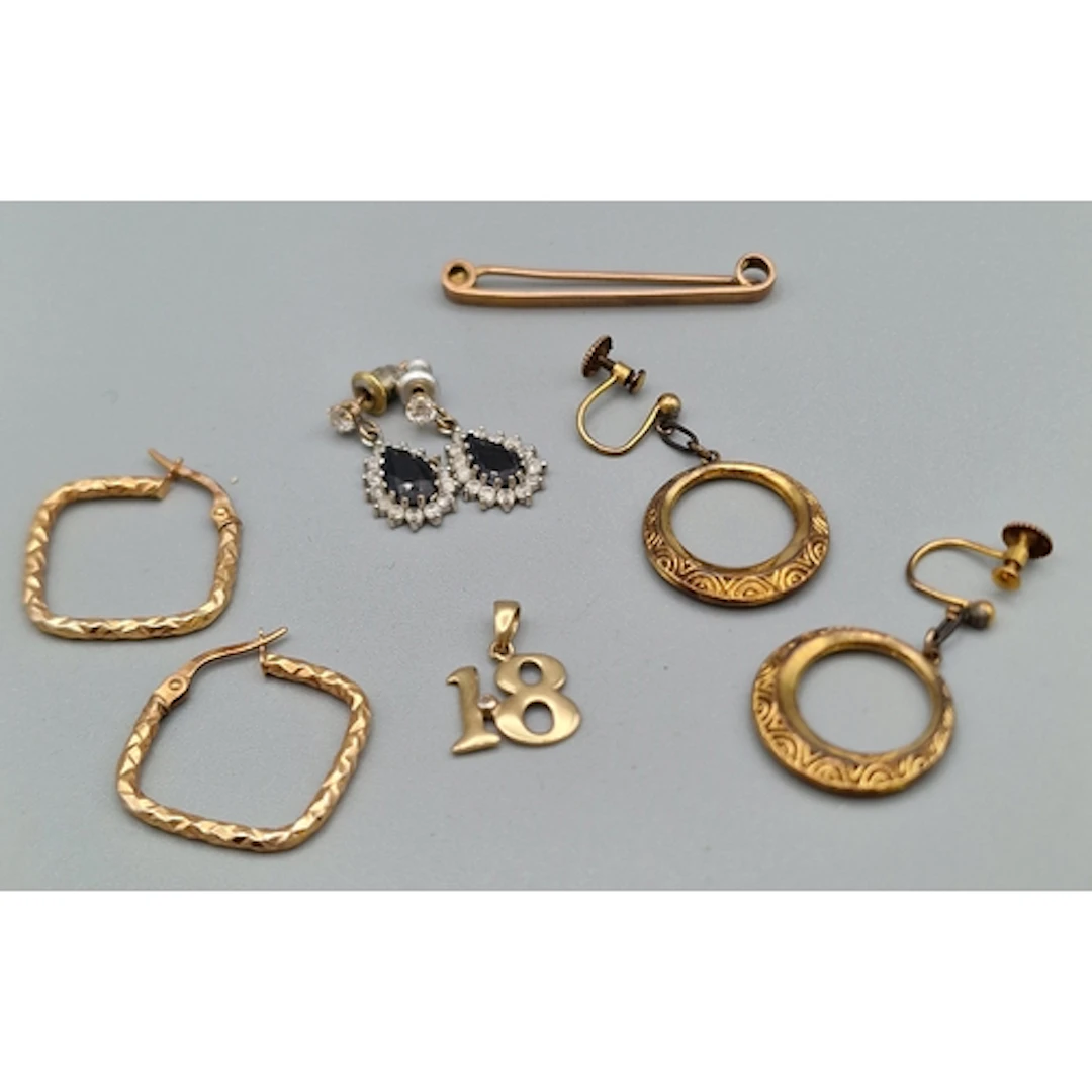 Three pairs of 9ct gold earrings, together with an 18th Birt...