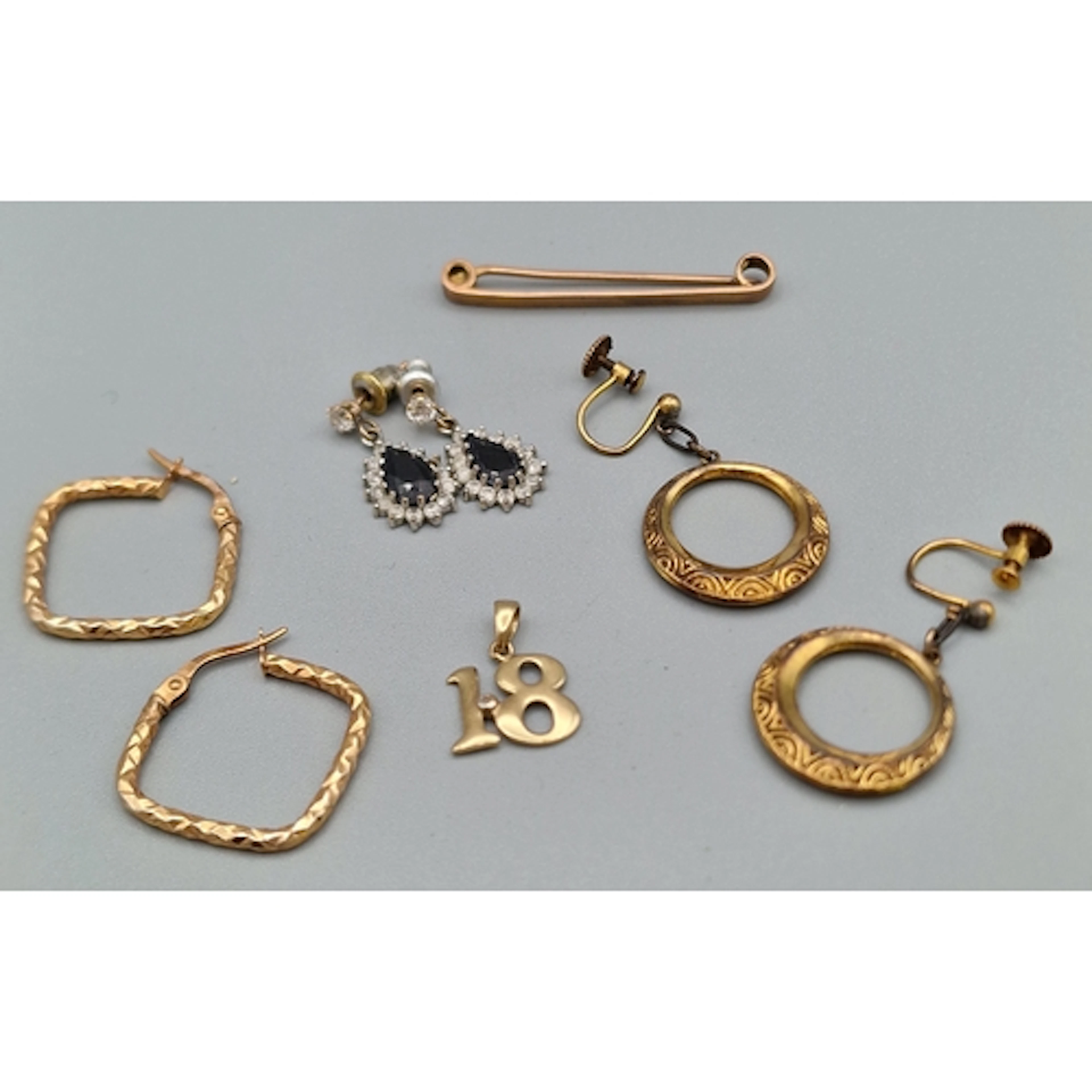 Three pairs of 9ct gold earrings, together with an 18th Birt...