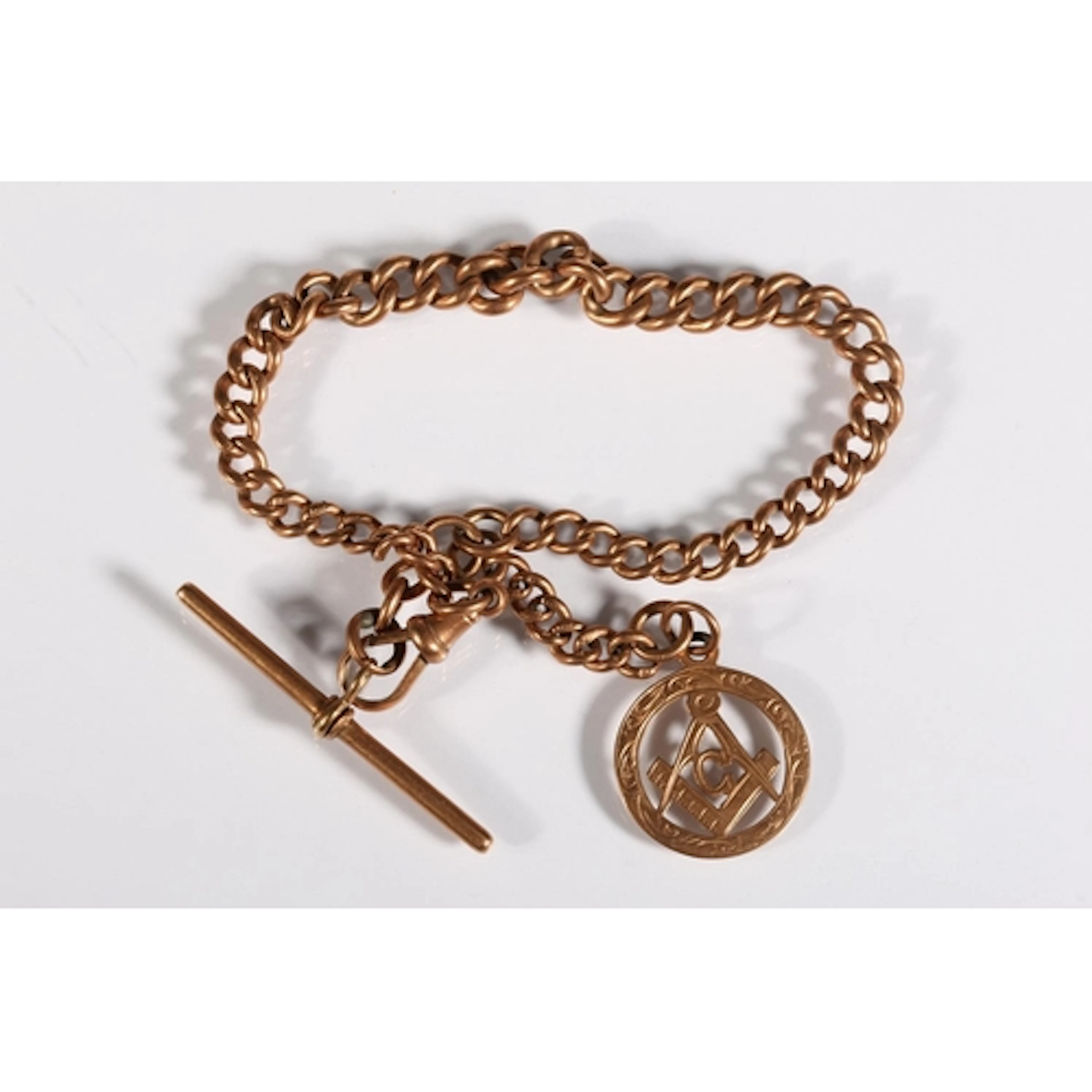 Gents 9ct rose gold graduated curb link watch guard chain wi...