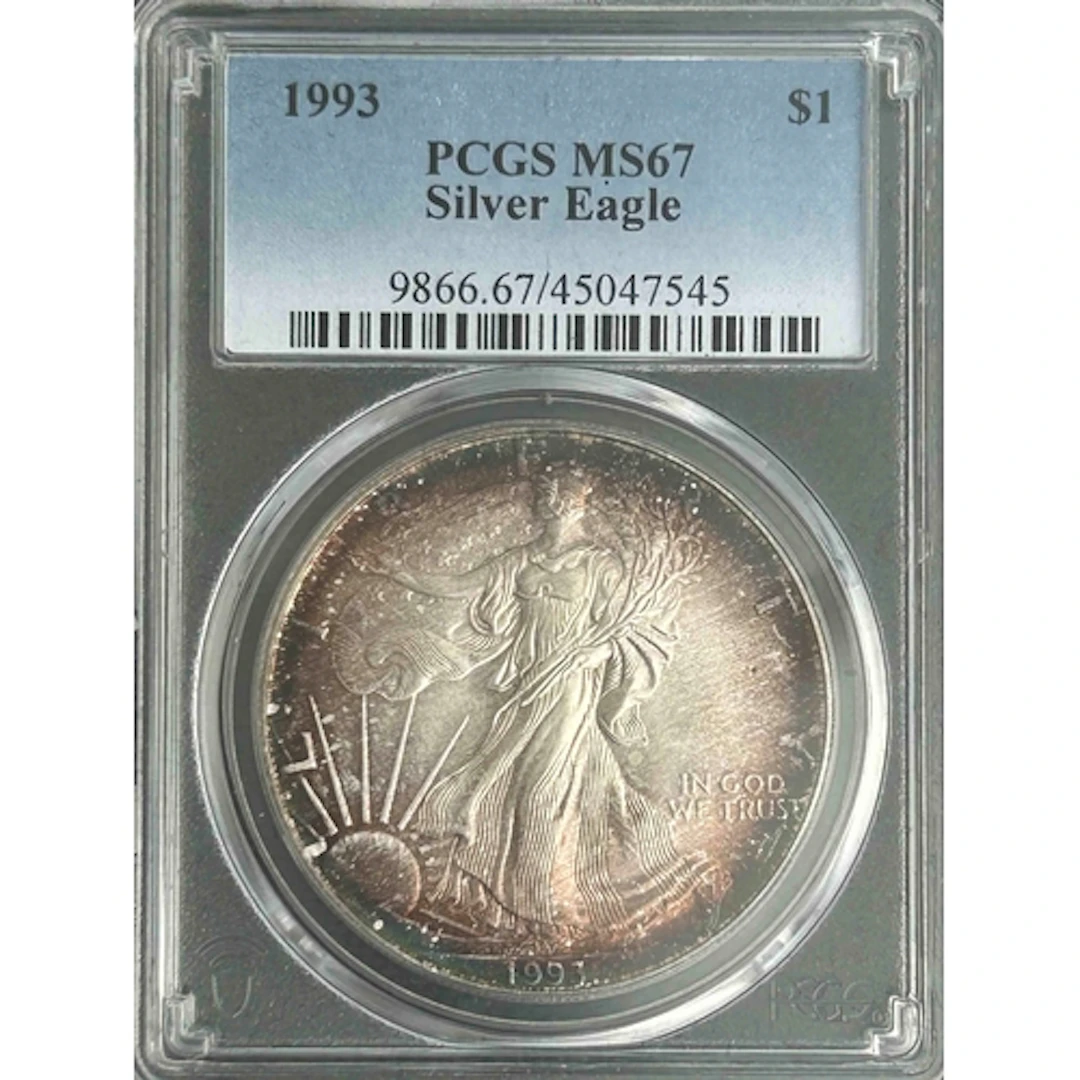 1993 USA $1 silver Eagle coin, slabbed and graded by P.C.G.S...