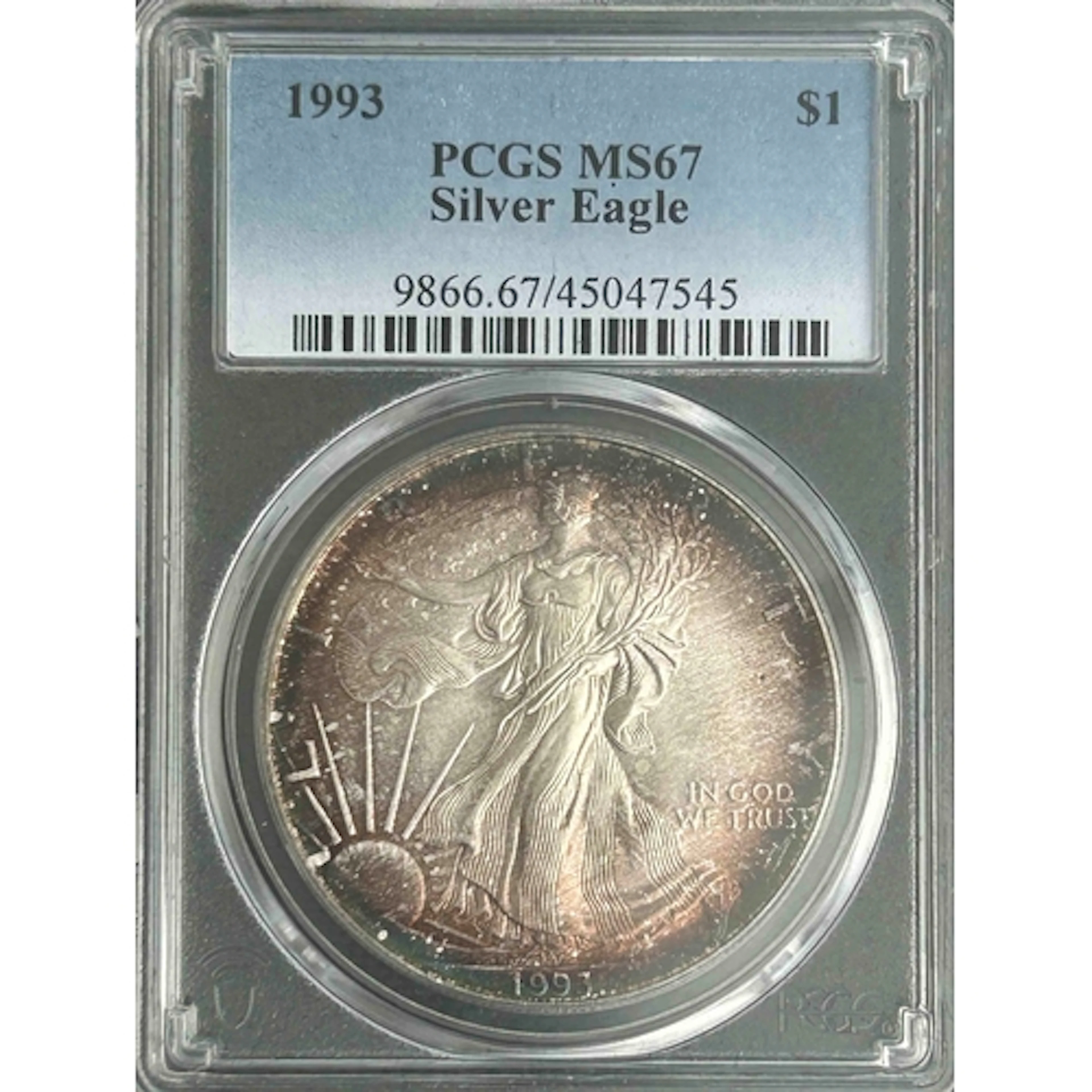 1993 USA $1 silver Eagle coin, slabbed and graded by P.C.G.S...