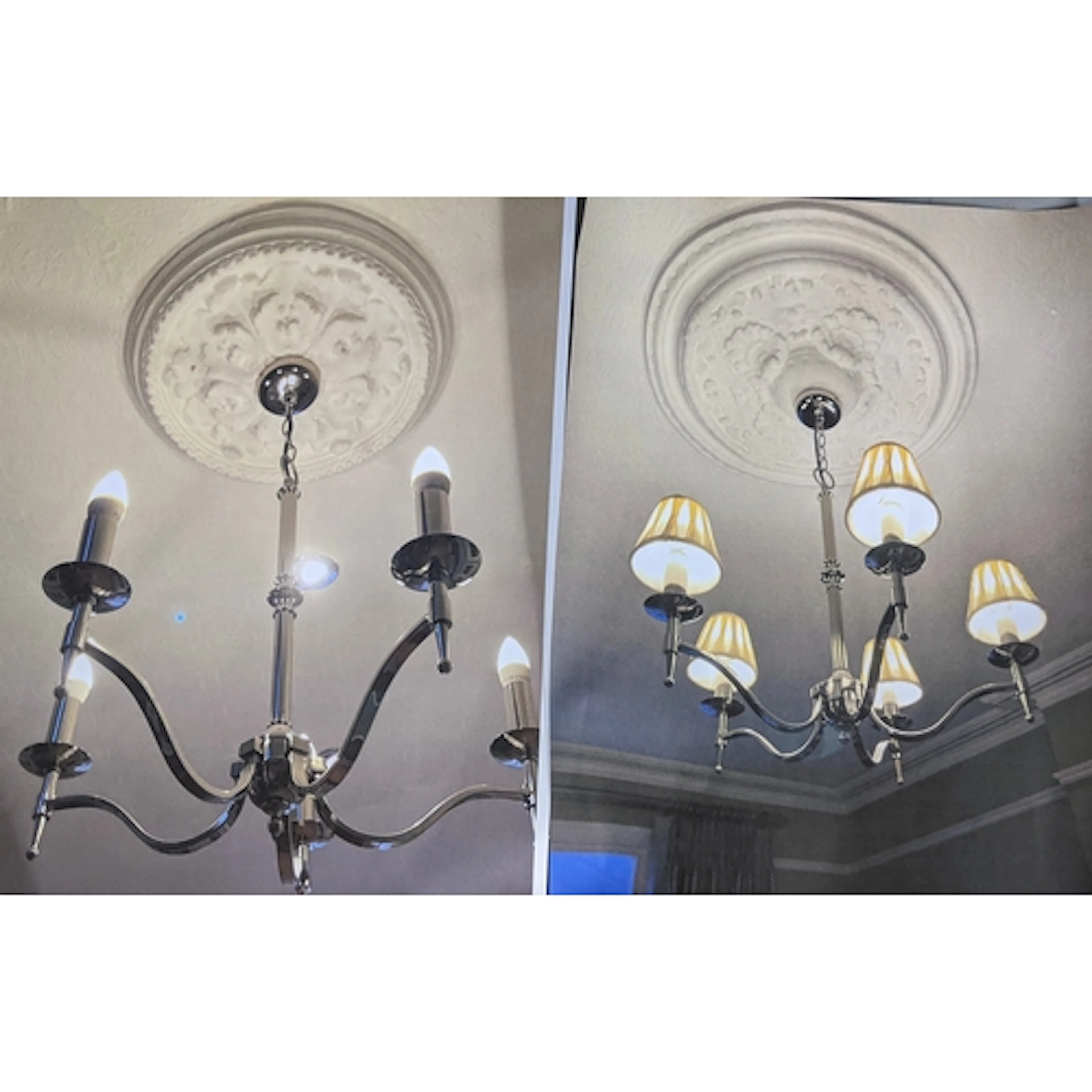 A pair of modern chrome five-branch chandeliers with full an...