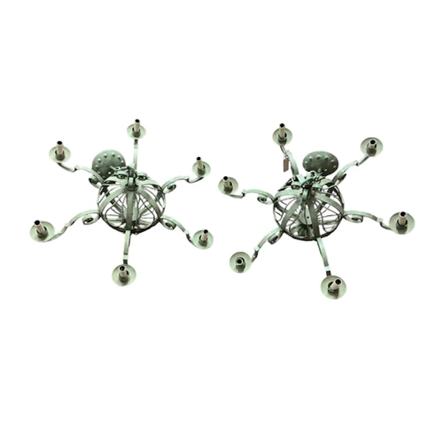 A pair of wrought iron globe shaped six branch electroliers,...