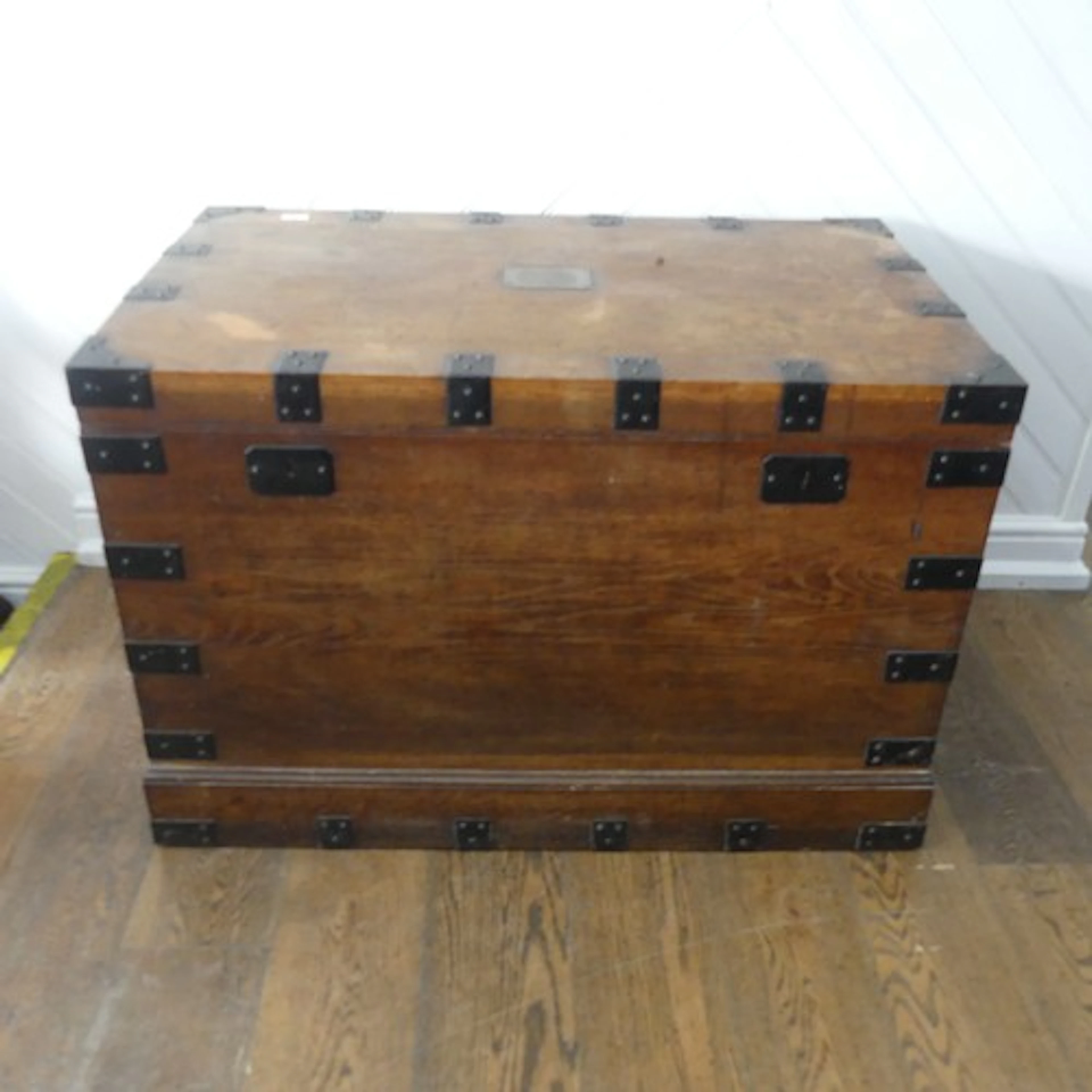 A Victorian steel banded oak Silver Chest, bearing a brass p...