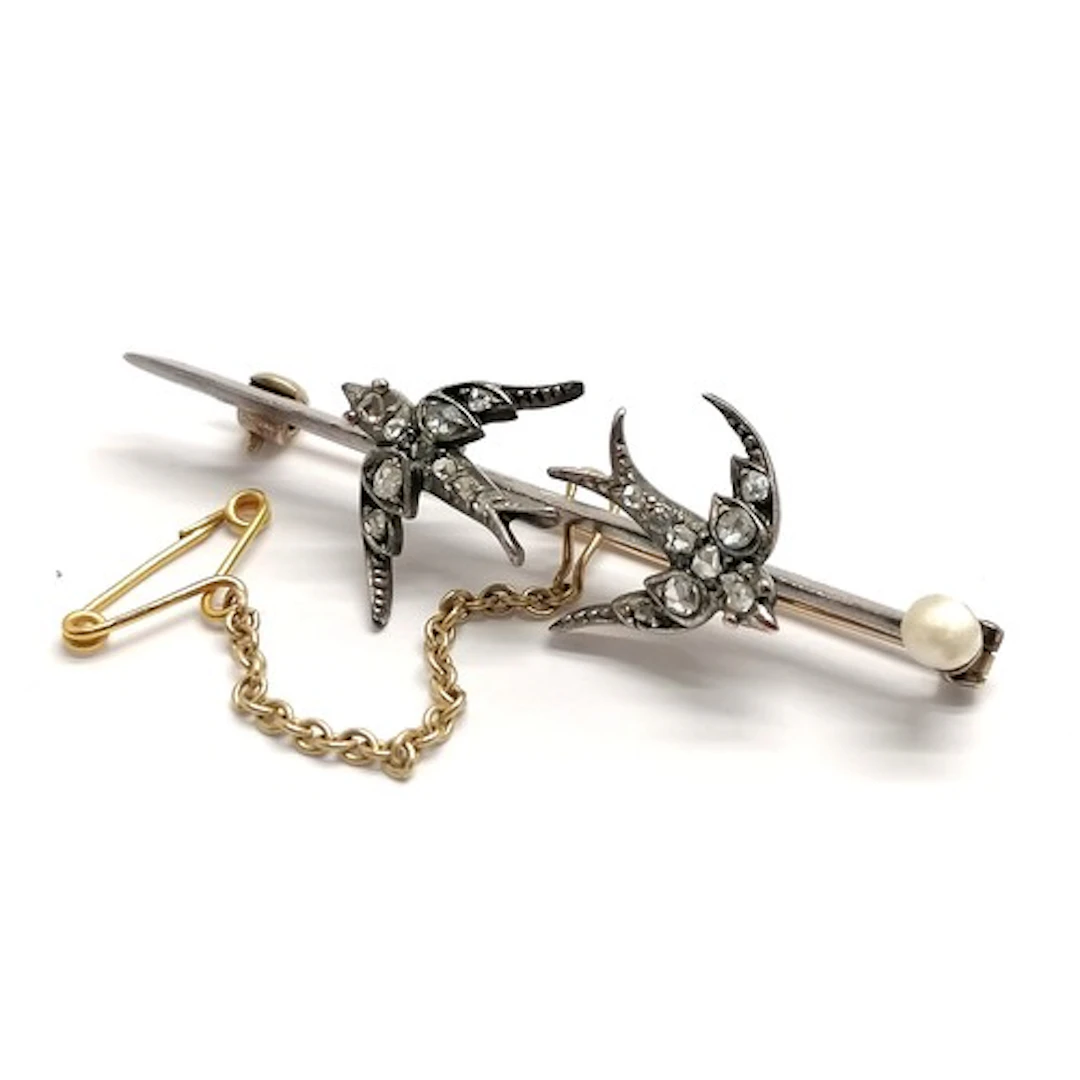 Antique diamond & pearl set double bird bar brooch with gold...