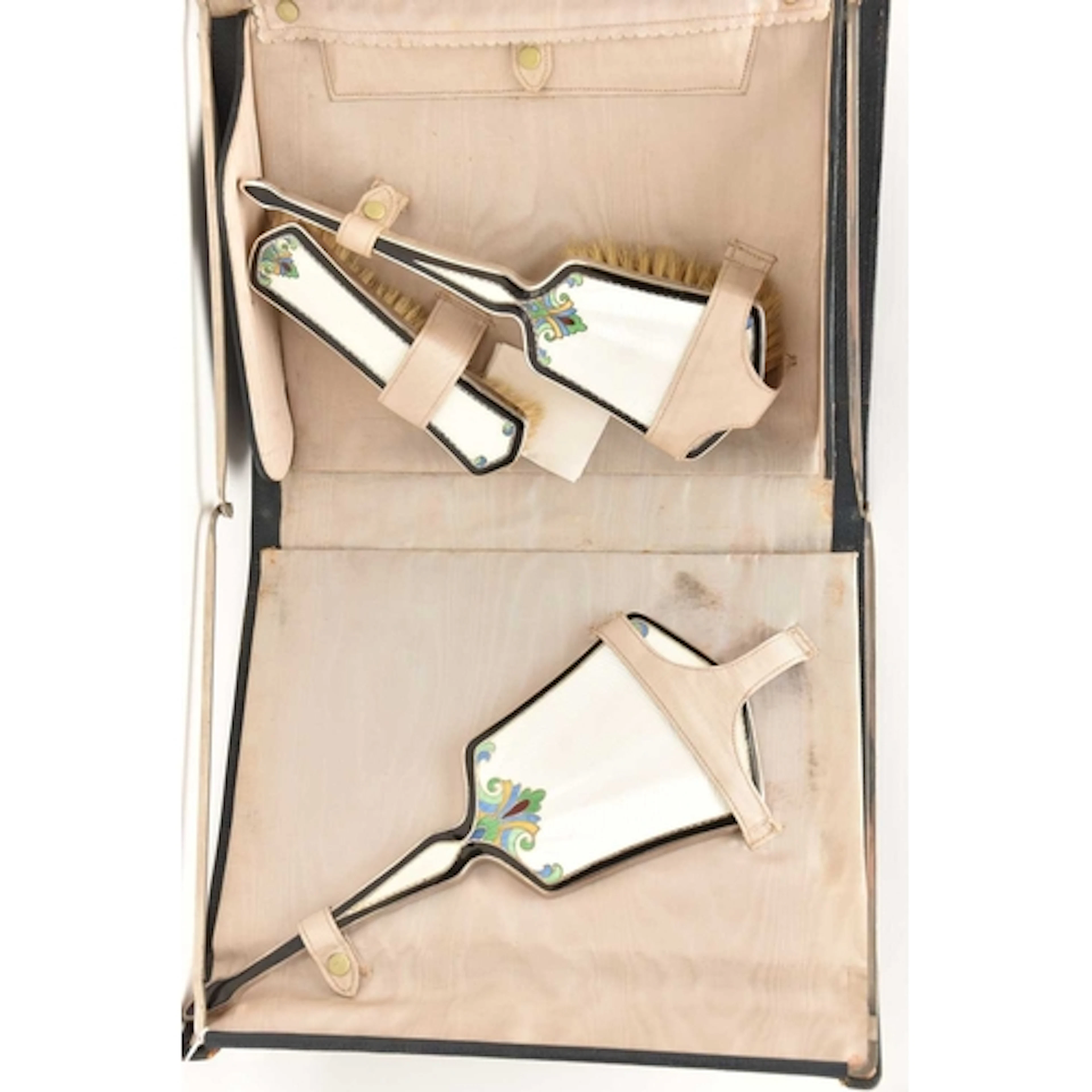 A CASED ART DECO SILVER AND ENAMEL DRESSING TABLE SET, compr...