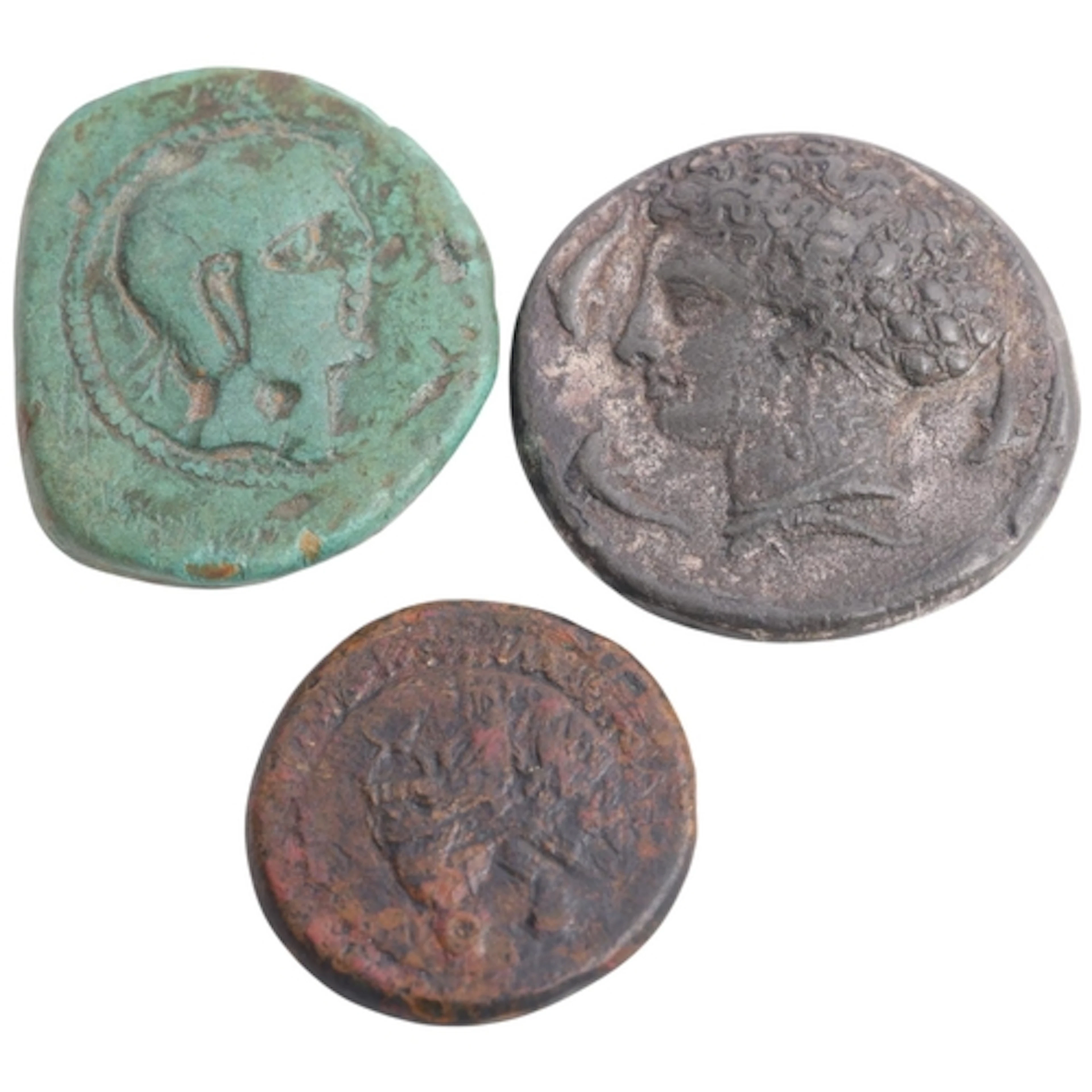Two ancient bronze coins and a later cast reproduction coin,...
