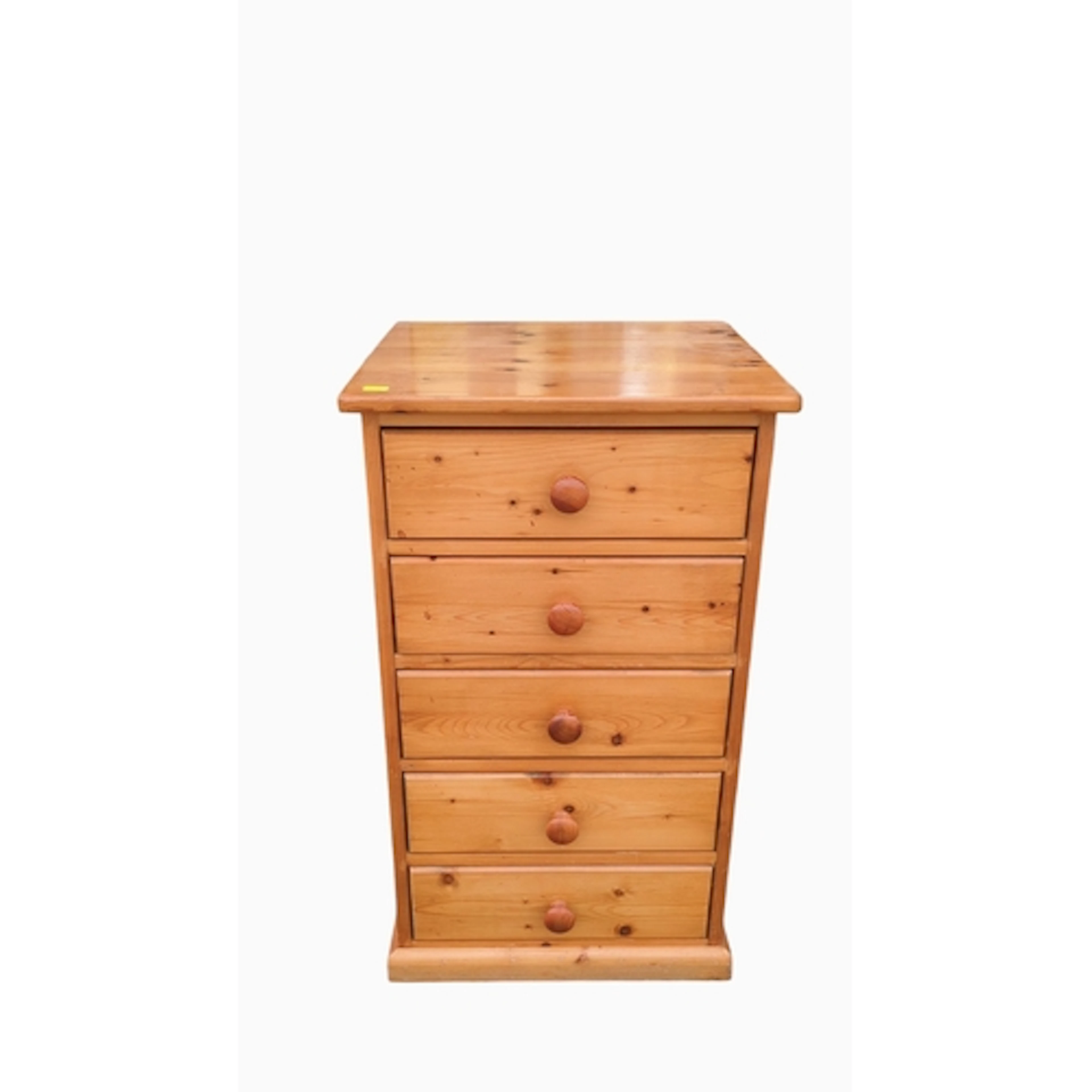 Pine tallboy with five drawers, each with a turned wooden kn...