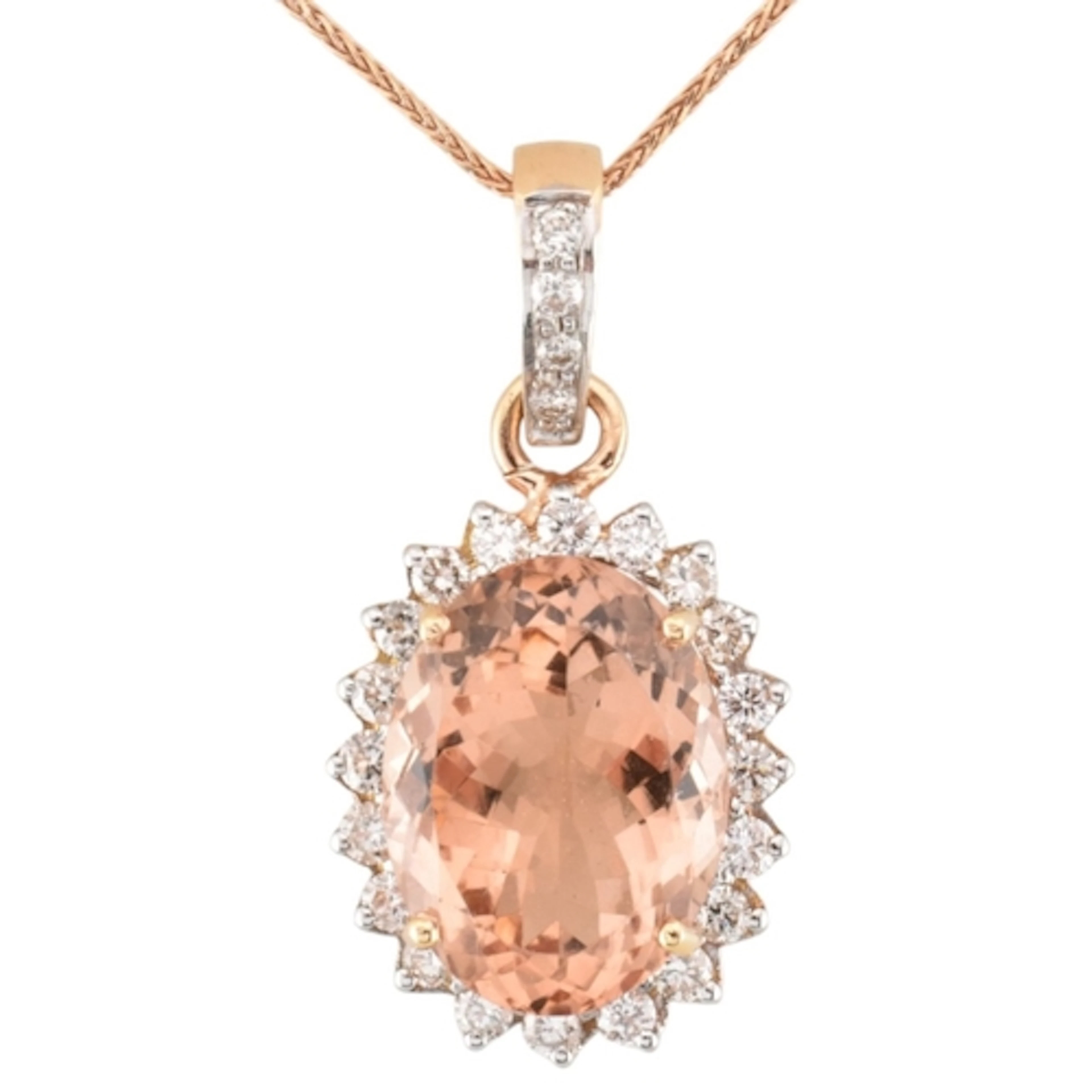 A gold morganite and diamond cluster halo pendant necklace. ...