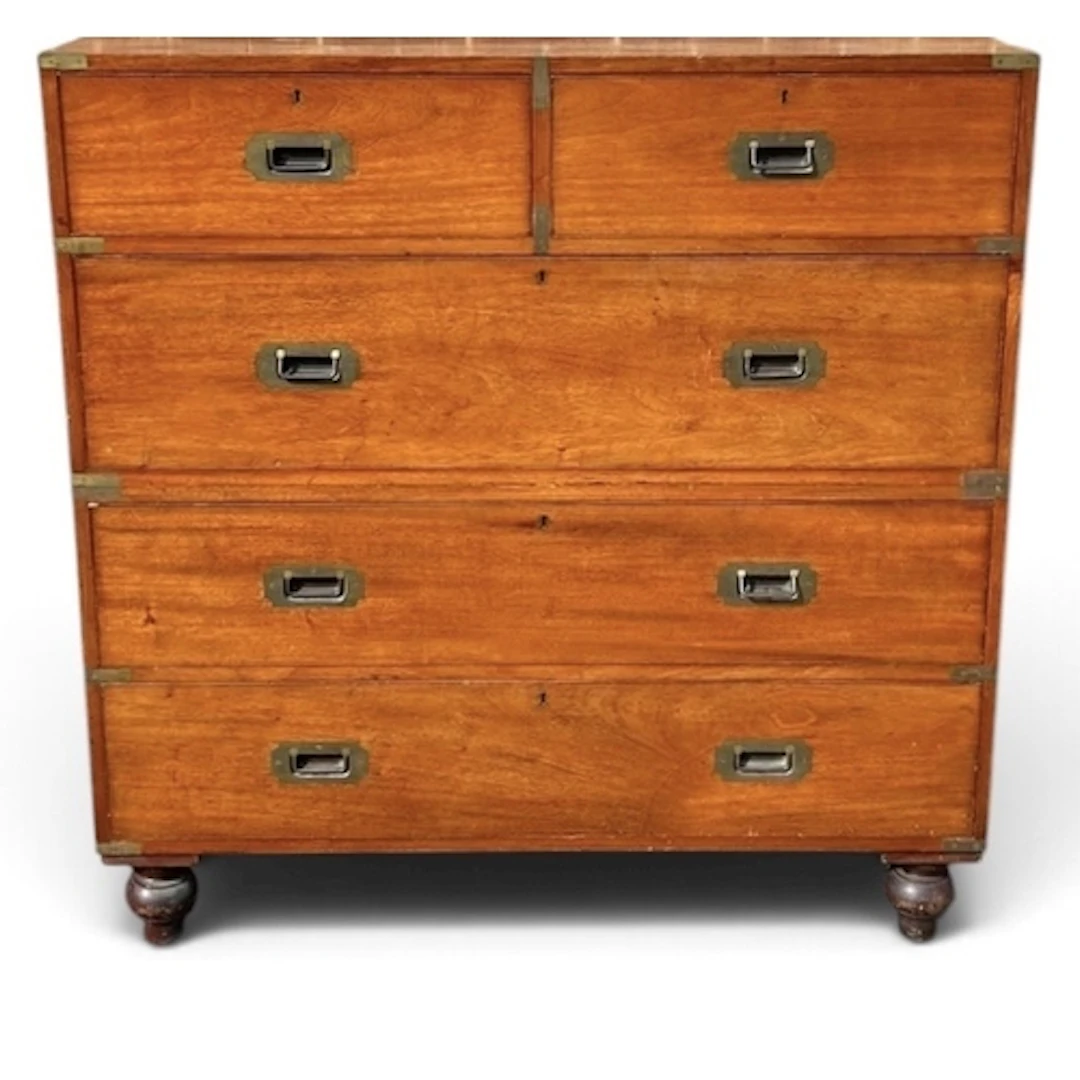 A MAHOGANY ARMY AND NAVY CAMPAIGN CHEST Labelled 'Army and N...
