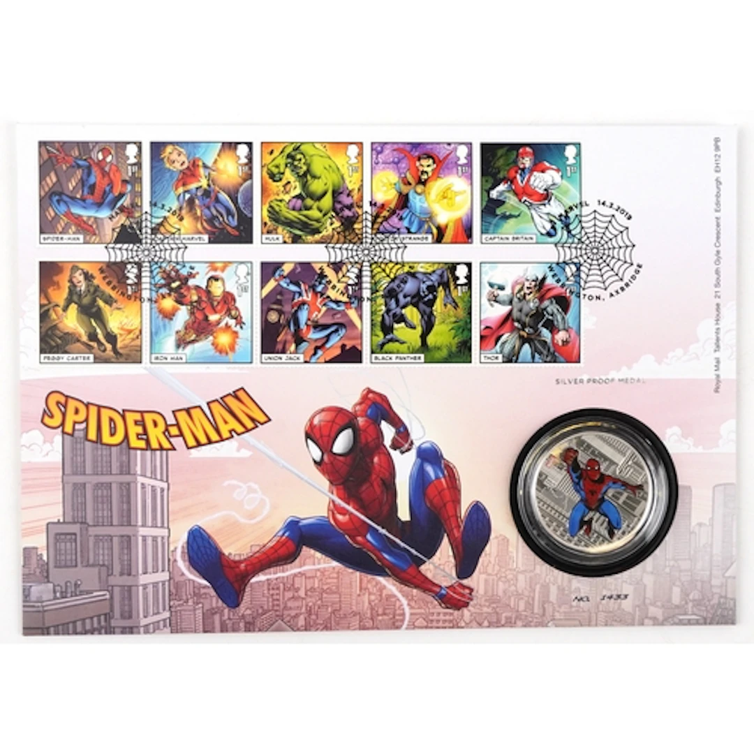 Three 2019 Royal Mail and Royal Mint Marvel Comics Superhero...