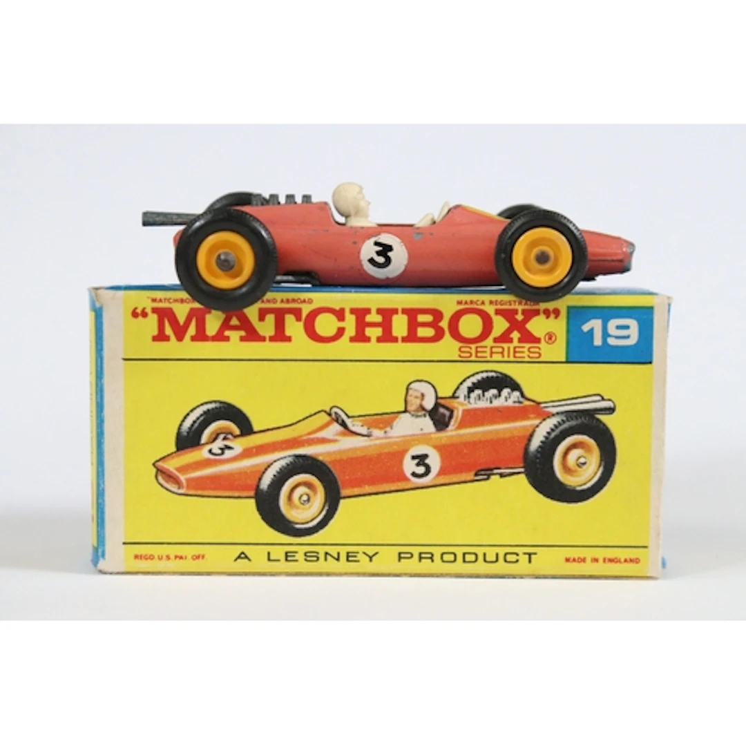 Boxed Matchbox Series 19 Lotus Racing Car diecast model in f...