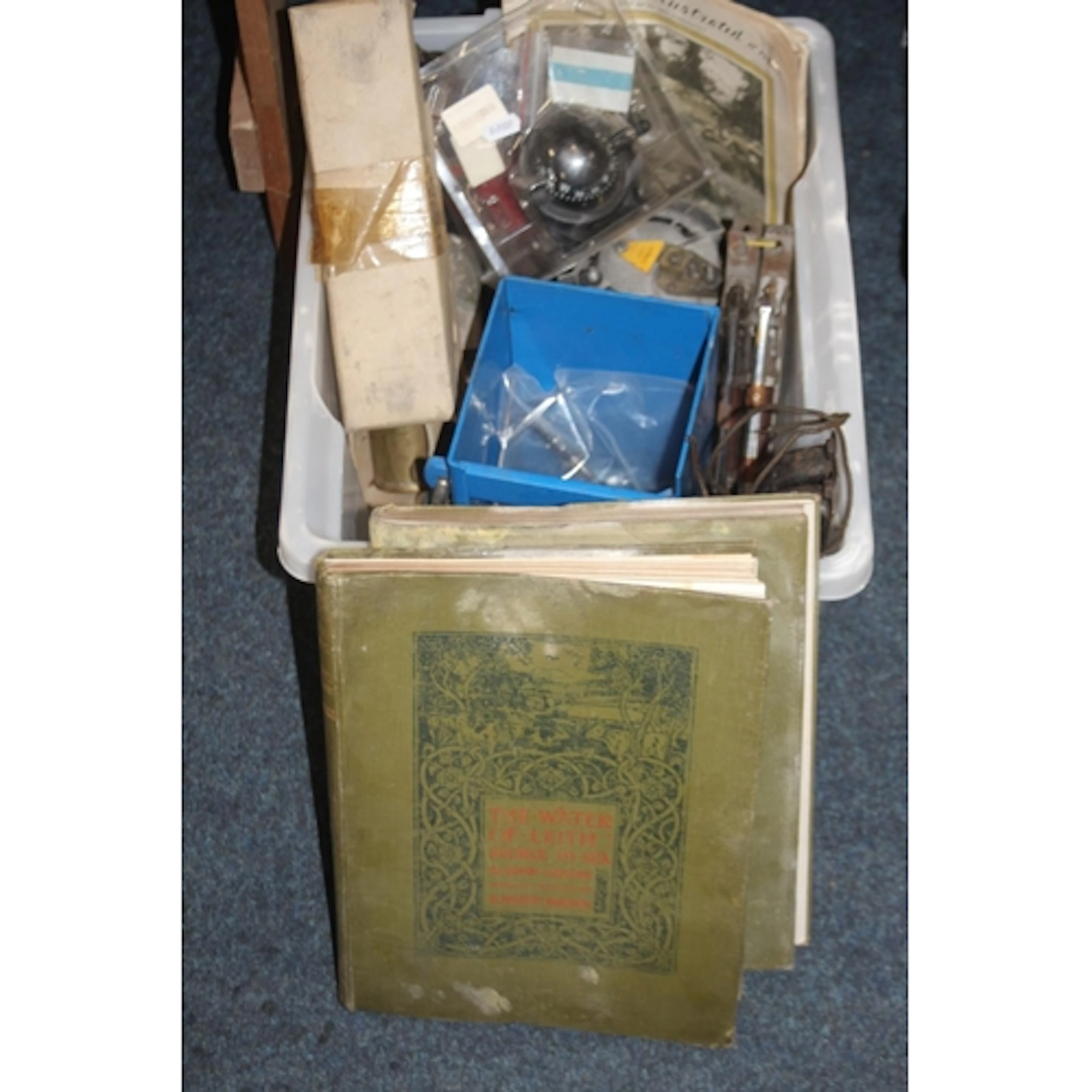 Box containing automotive interest including vintage filters...