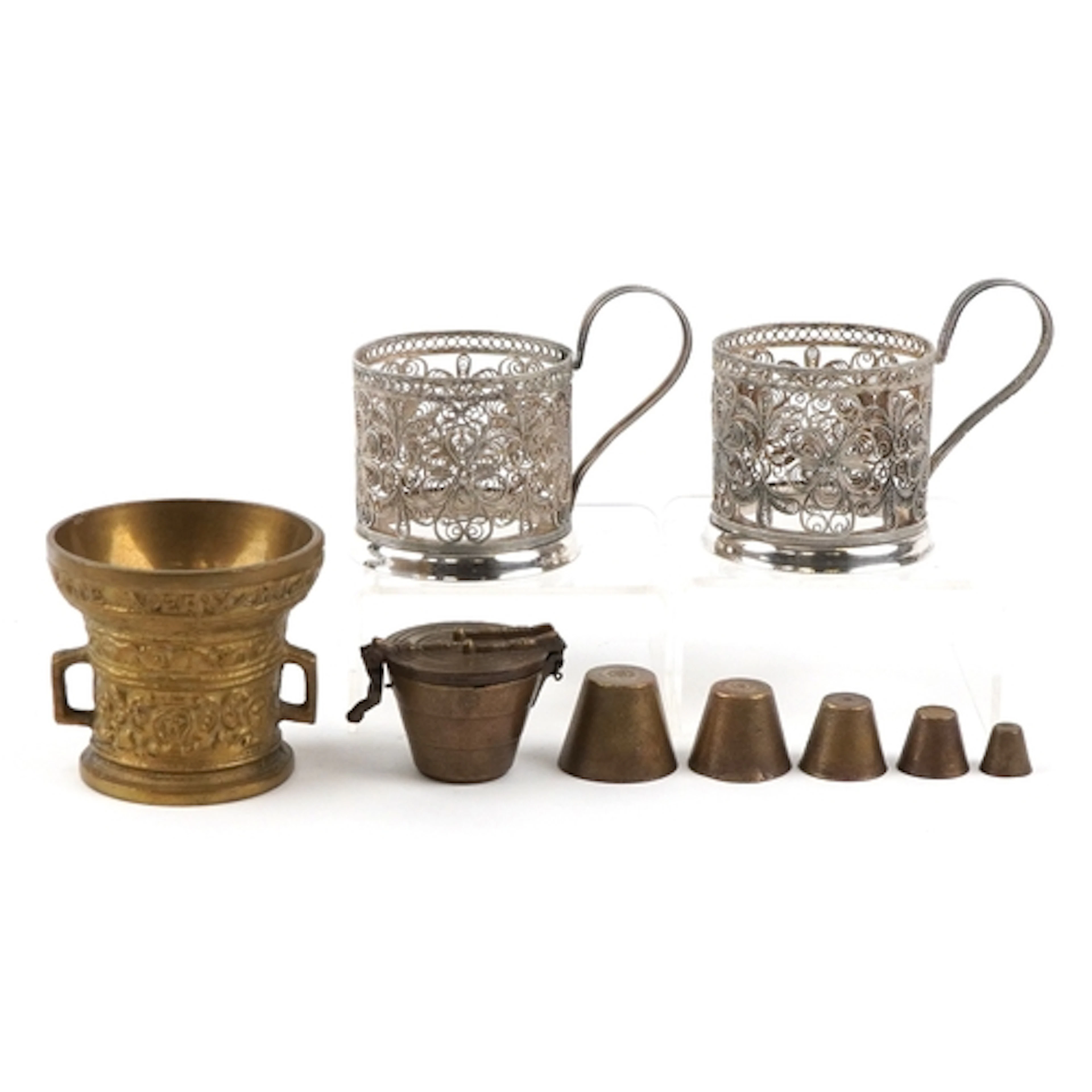Antique and later metalware comprising bronze apothecary wei...