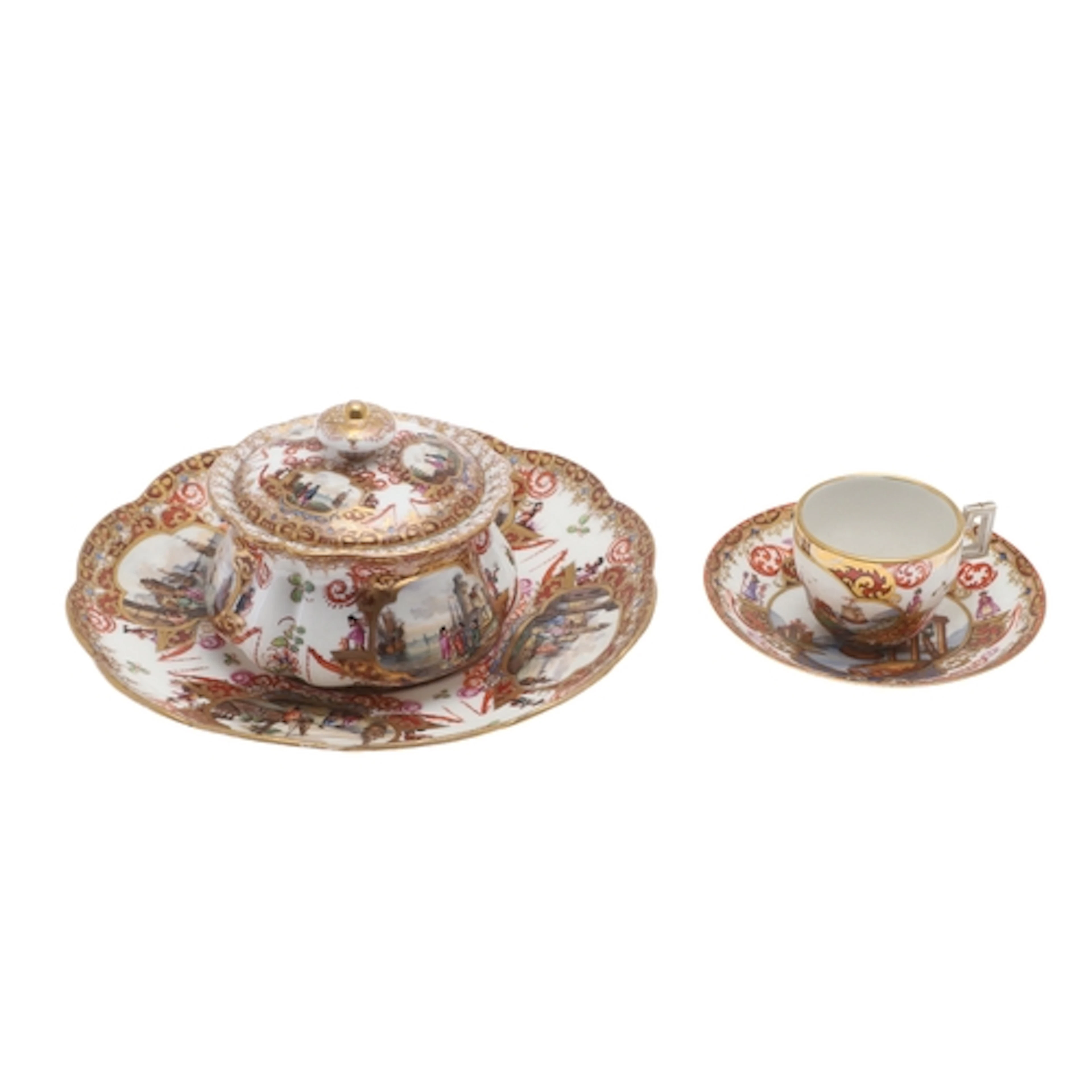 MEISSEN STYLE LIDDED DISH & SAUCER & MEISSEN CUP & SAUCER. A...